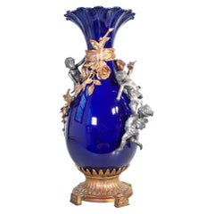 Cobalt Blue Vase with Bronze Decorations, Silver-Plated Metal Cherubs, 19th C.