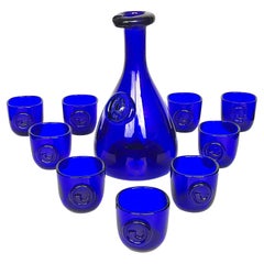 Carafe et tasses Viking bleu cobalt d'Ole Winther pour Holmegaard Glasswork