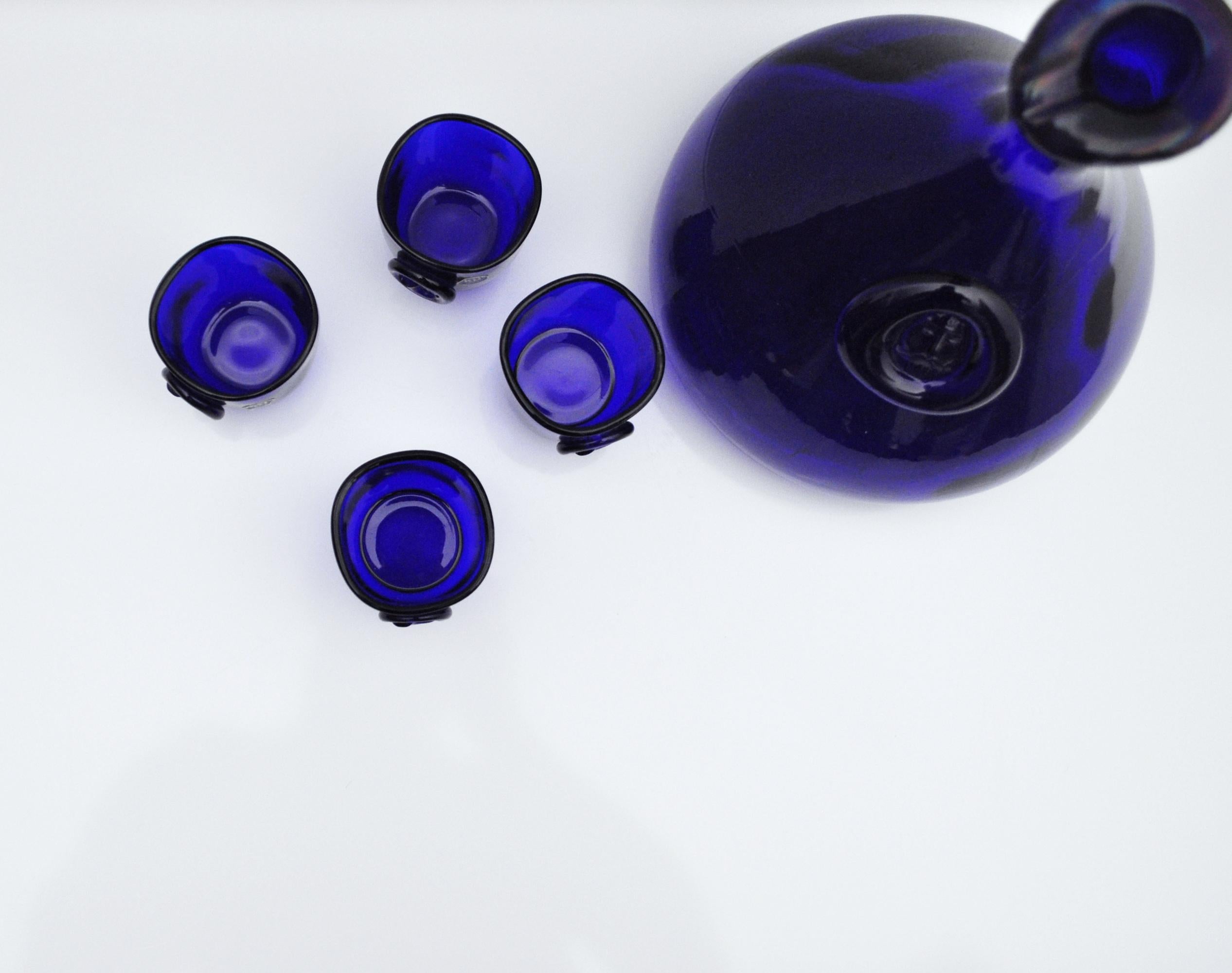 Glass Cobalt Blue Viking Decanter and Cups, Ole Winther, Holmegaard Glasværk, 1962 For Sale