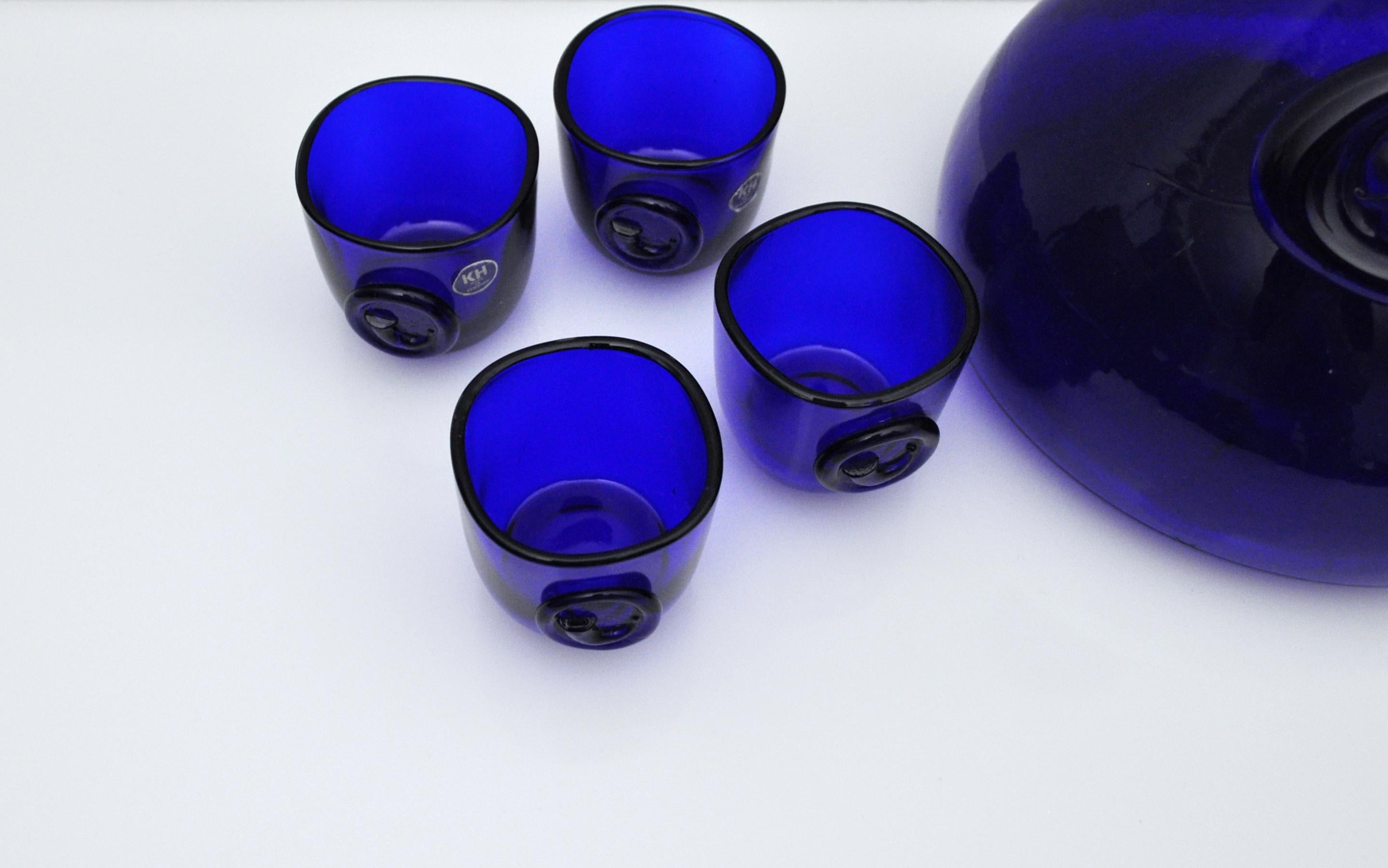Glass Cobalt Blue Viking Decanter and Cups, Ole Winther, Holmegaard Glasværk, 1962 For Sale