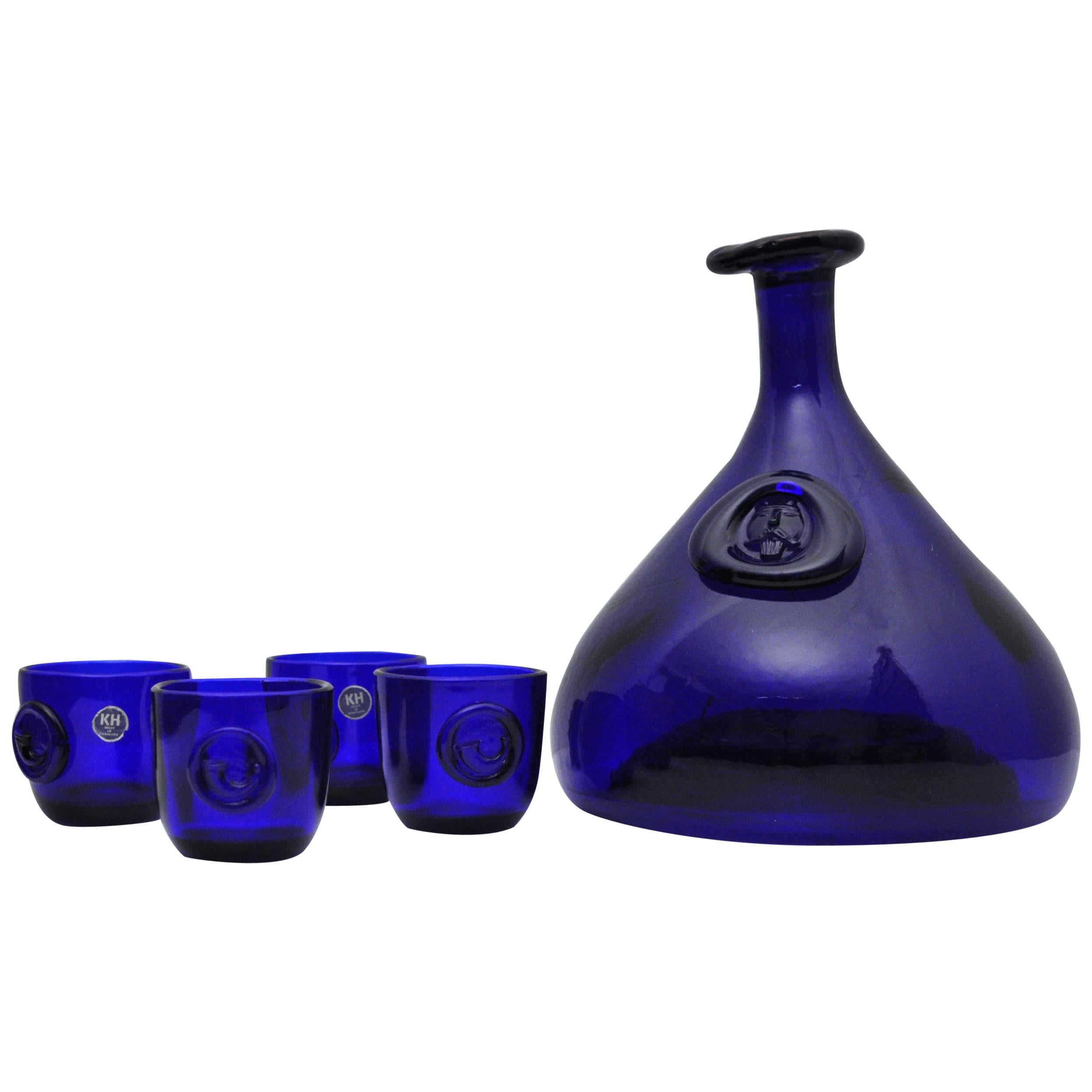 Cobalt Blue Viking Decanter and Cups, Ole Winther, Holmegaard Glasværk, 1962 For Sale