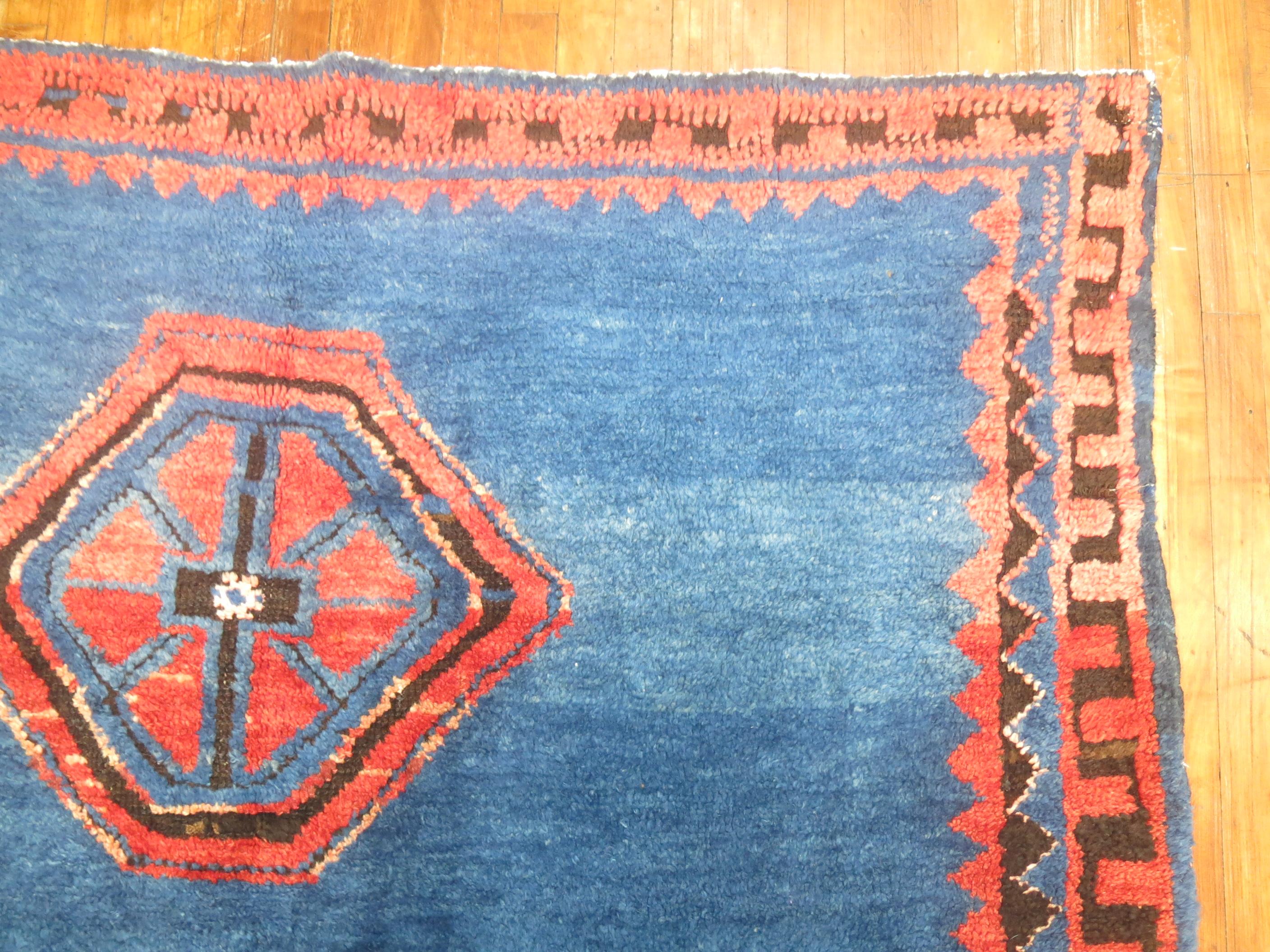 Cobalt Blue Vintage Turkish Anatolian Gallery Rug In Good Condition For Sale In New York, NY