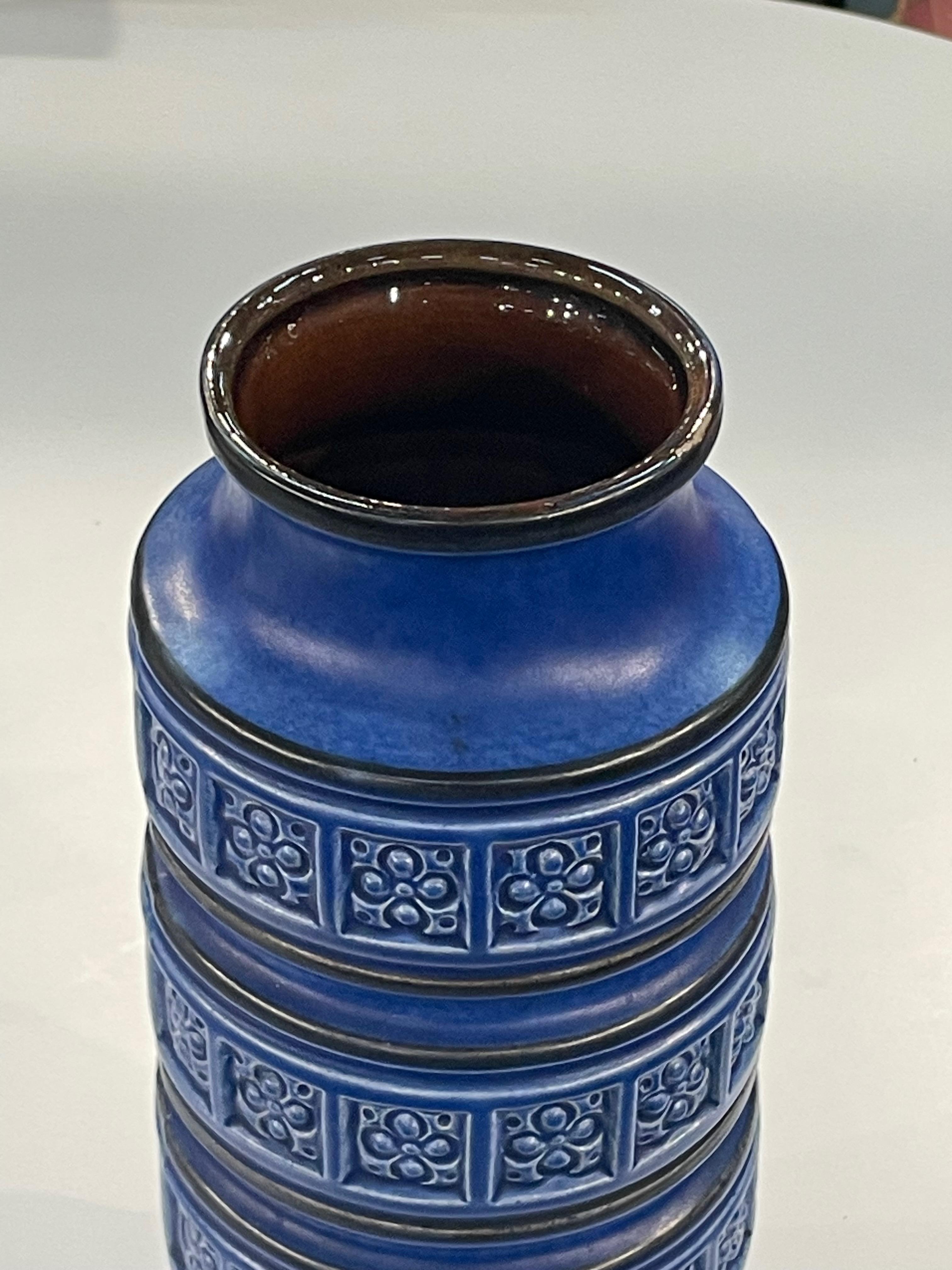 Cobalt Blue With Geometric Textured Bands Vase, Germany, Mid Century  In Good Condition For Sale In New York, NY