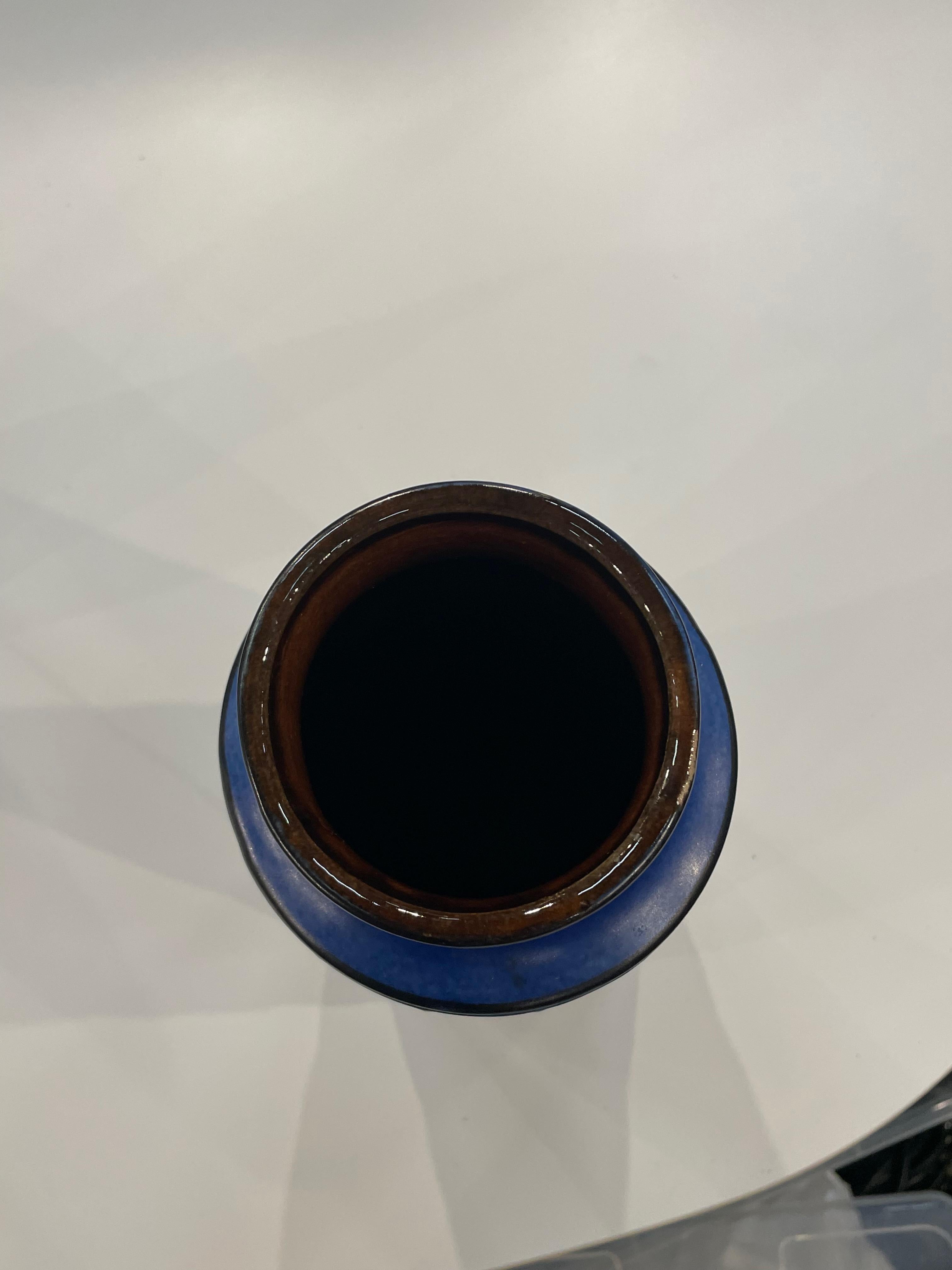 Ceramic Cobalt Blue With Geometric Textured Bands Vase, Germany, Mid Century  For Sale