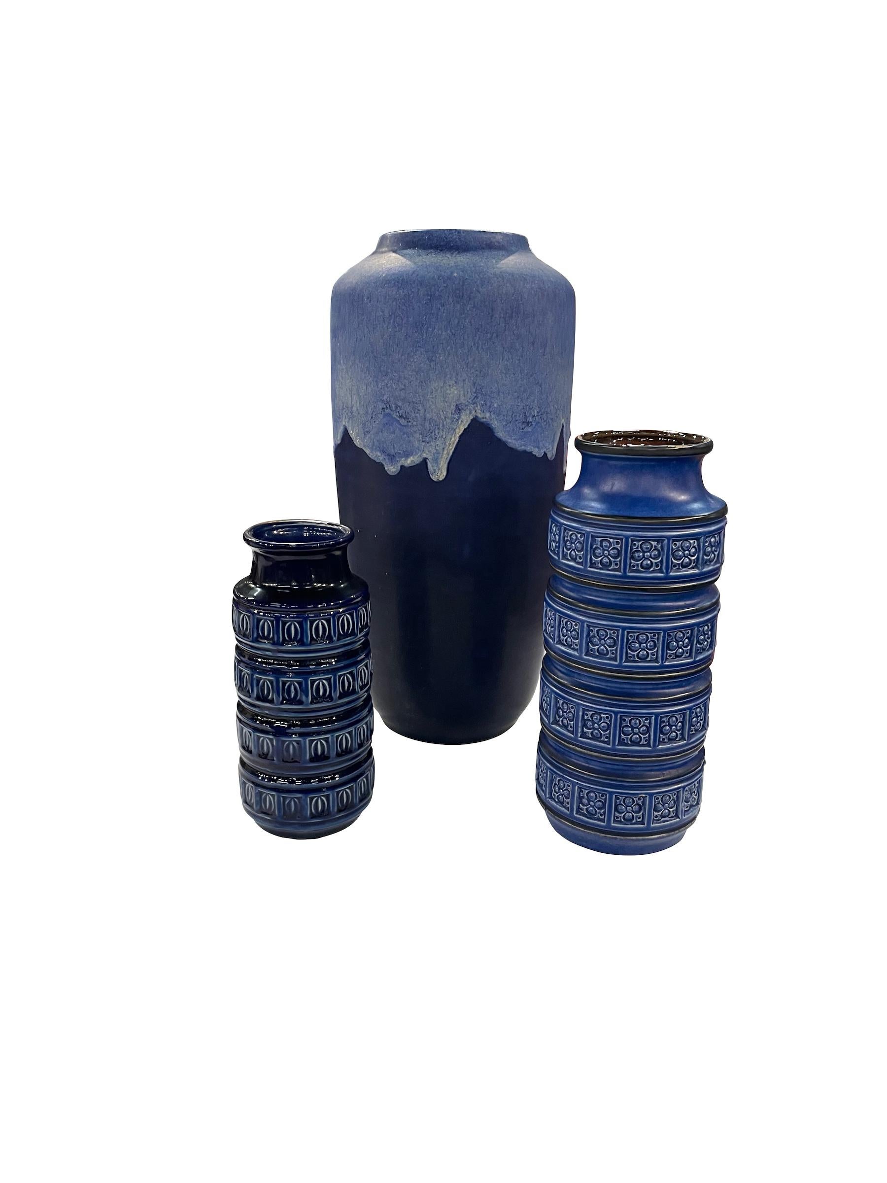 Cobalt Blue With Geometric Textured Bands Vase, Germany, Mid Century  For Sale 2