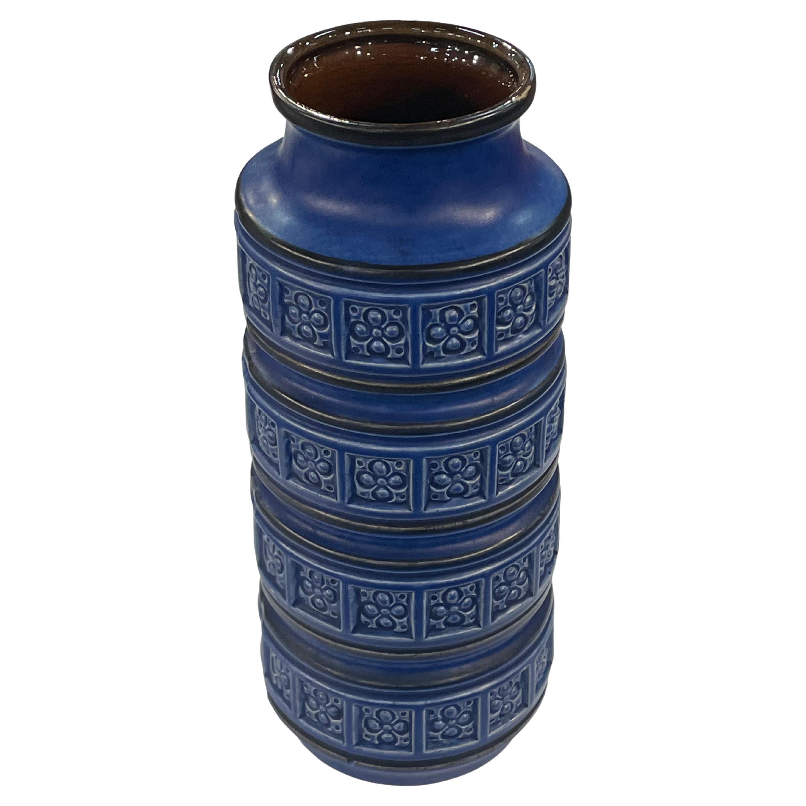 Cobalt Blue With Geometric Textured Bands Vase, Germany, Mid Century  For Sale