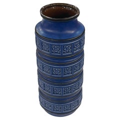 Retro Cobalt Blue With Geometric Textured Bands Vase, Germany, Mid Century 