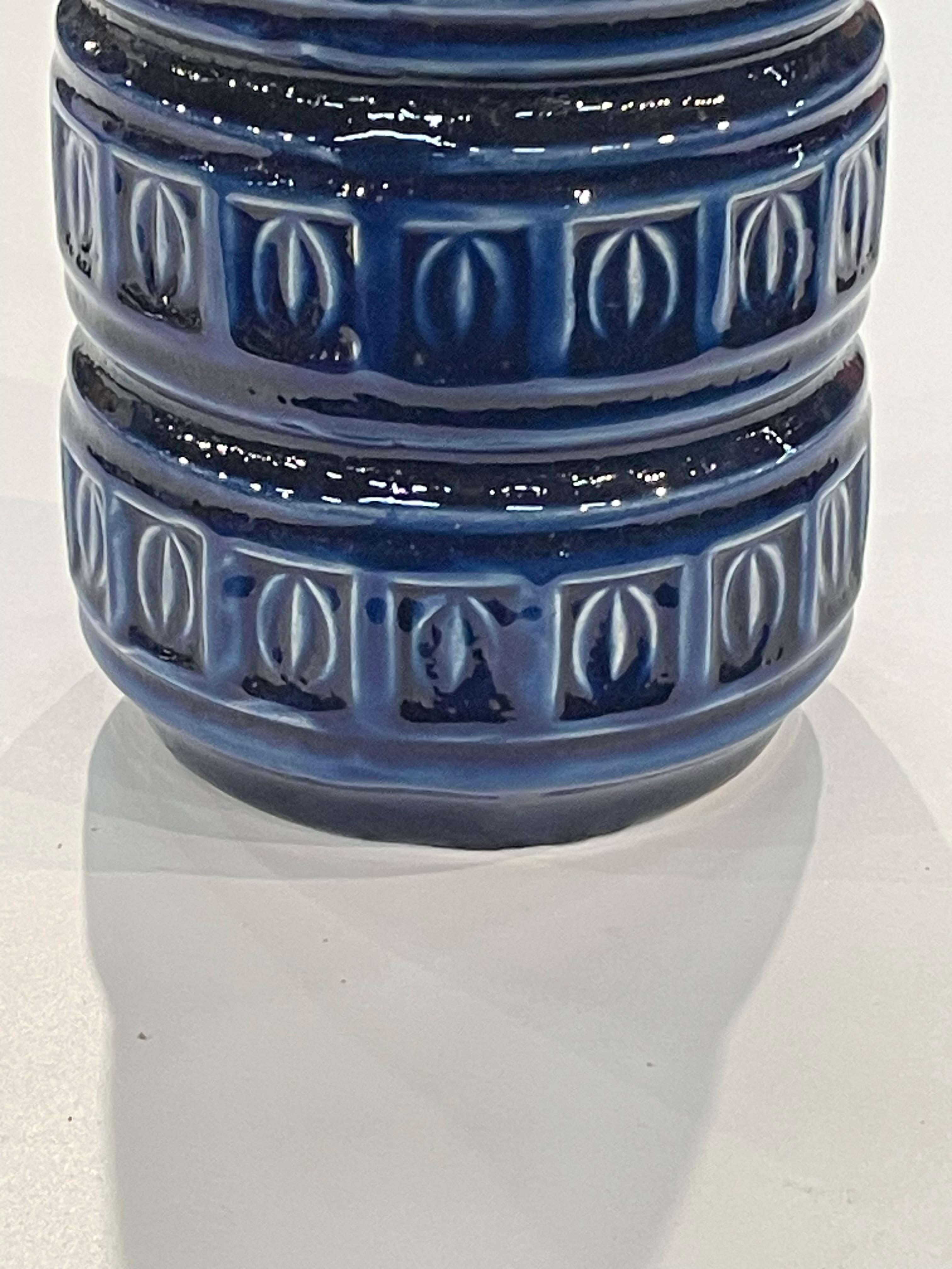 Cobalt Blue With Raised Geometric Design Bands Vase, Germany, Mid Century In Good Condition For Sale In New York, NY