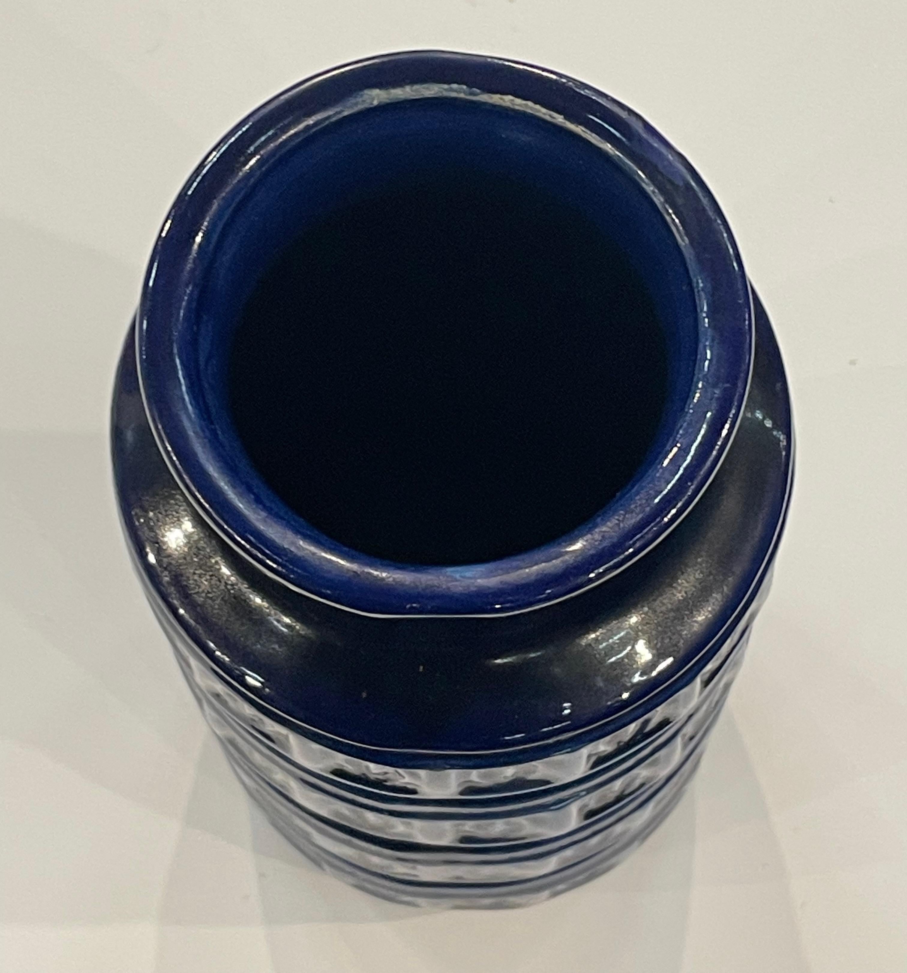 20th Century Cobalt Blue With Raised Geometric Design Bands Vase, Germany, Mid Century For Sale