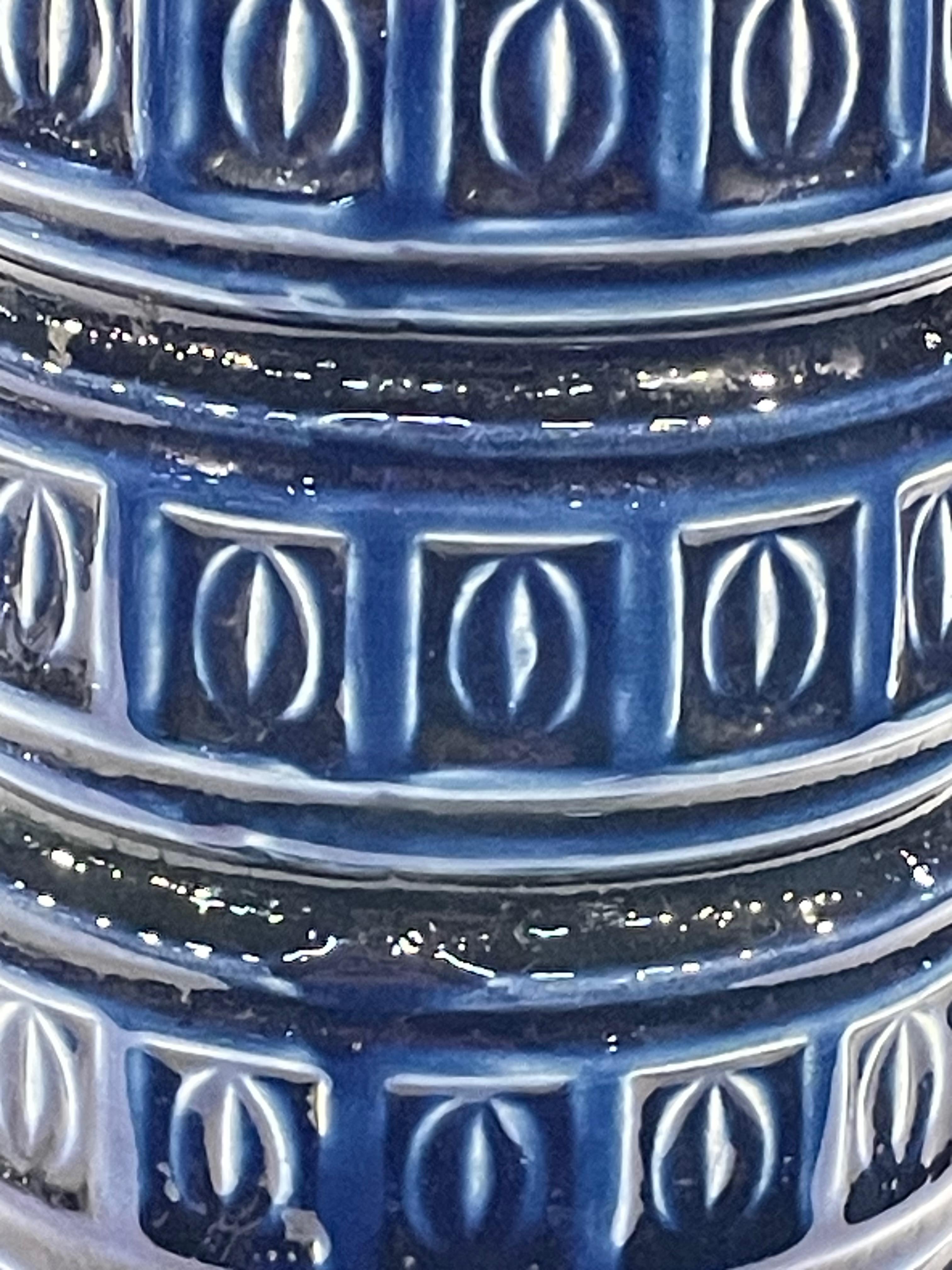 Ceramic Cobalt Blue With Raised Geometric Design Bands Vase, Germany, Mid Century For Sale