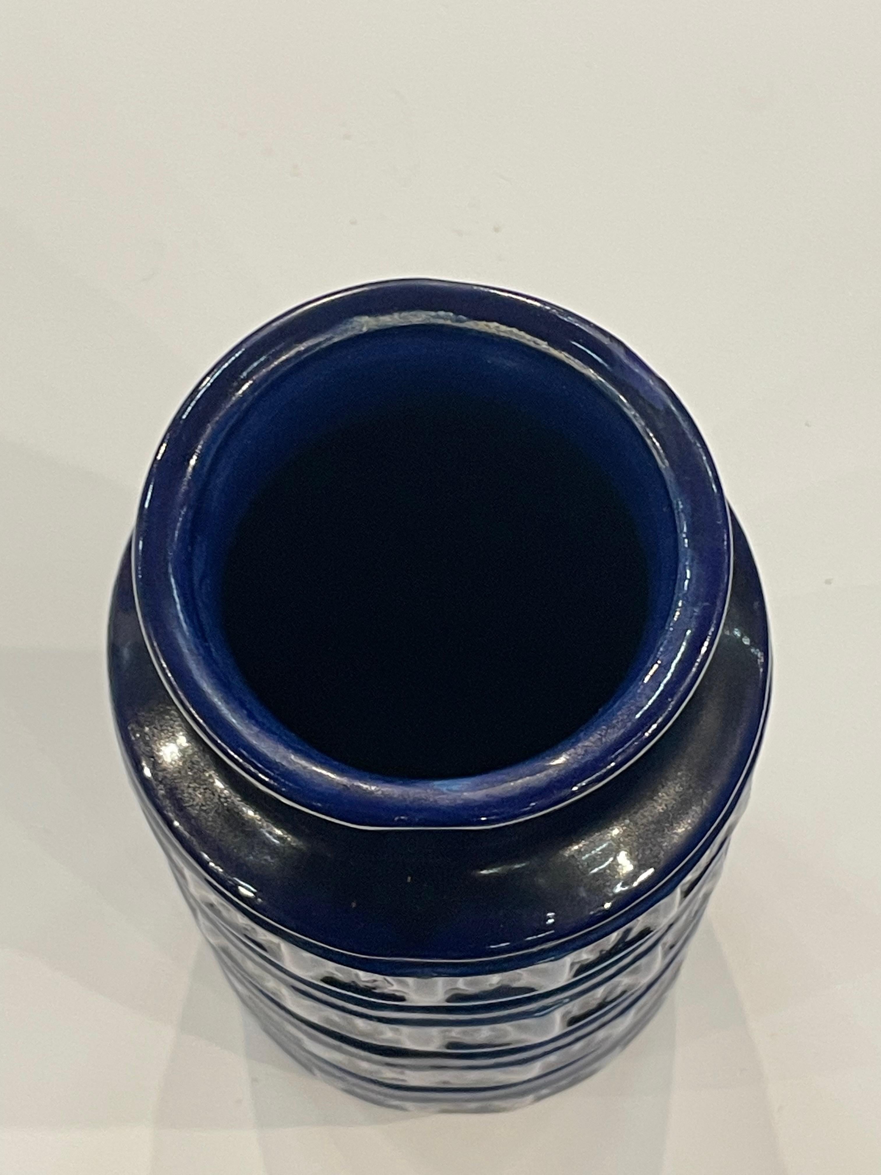 Cobalt Blue With Raised Geometric Design Bands Vase, Germany, Mid Century For Sale 1