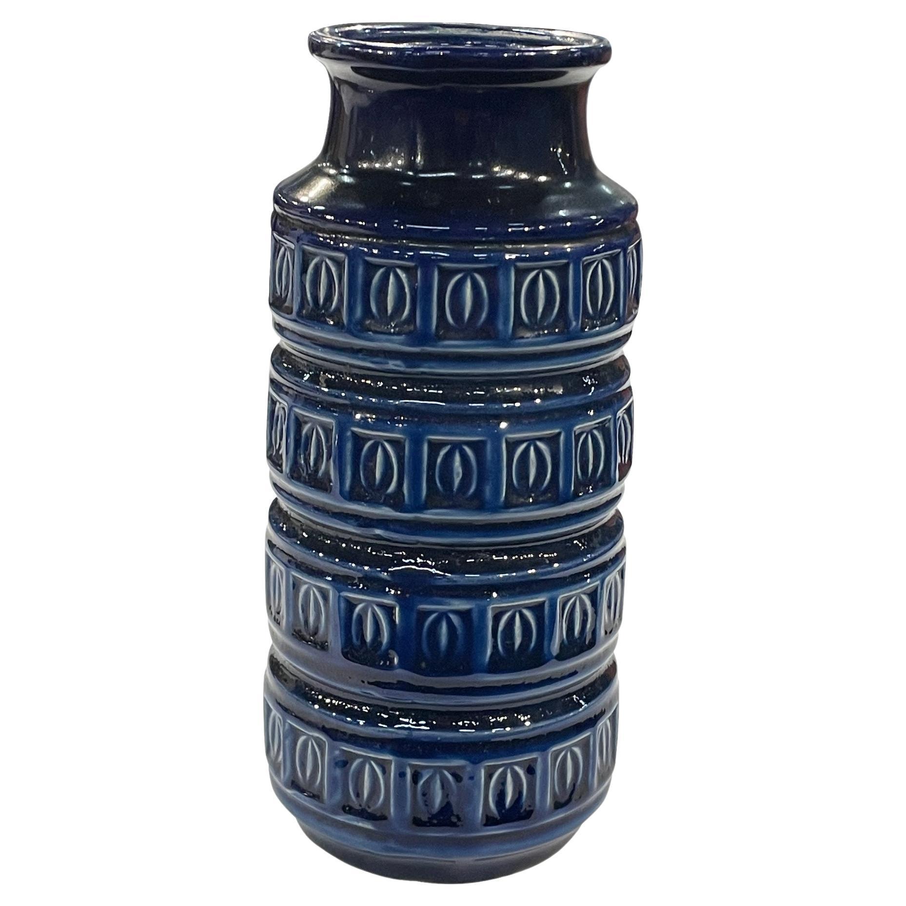 Cobalt Blue With Raised Geometric Design Bands Vase, Germany, Mid Century For Sale