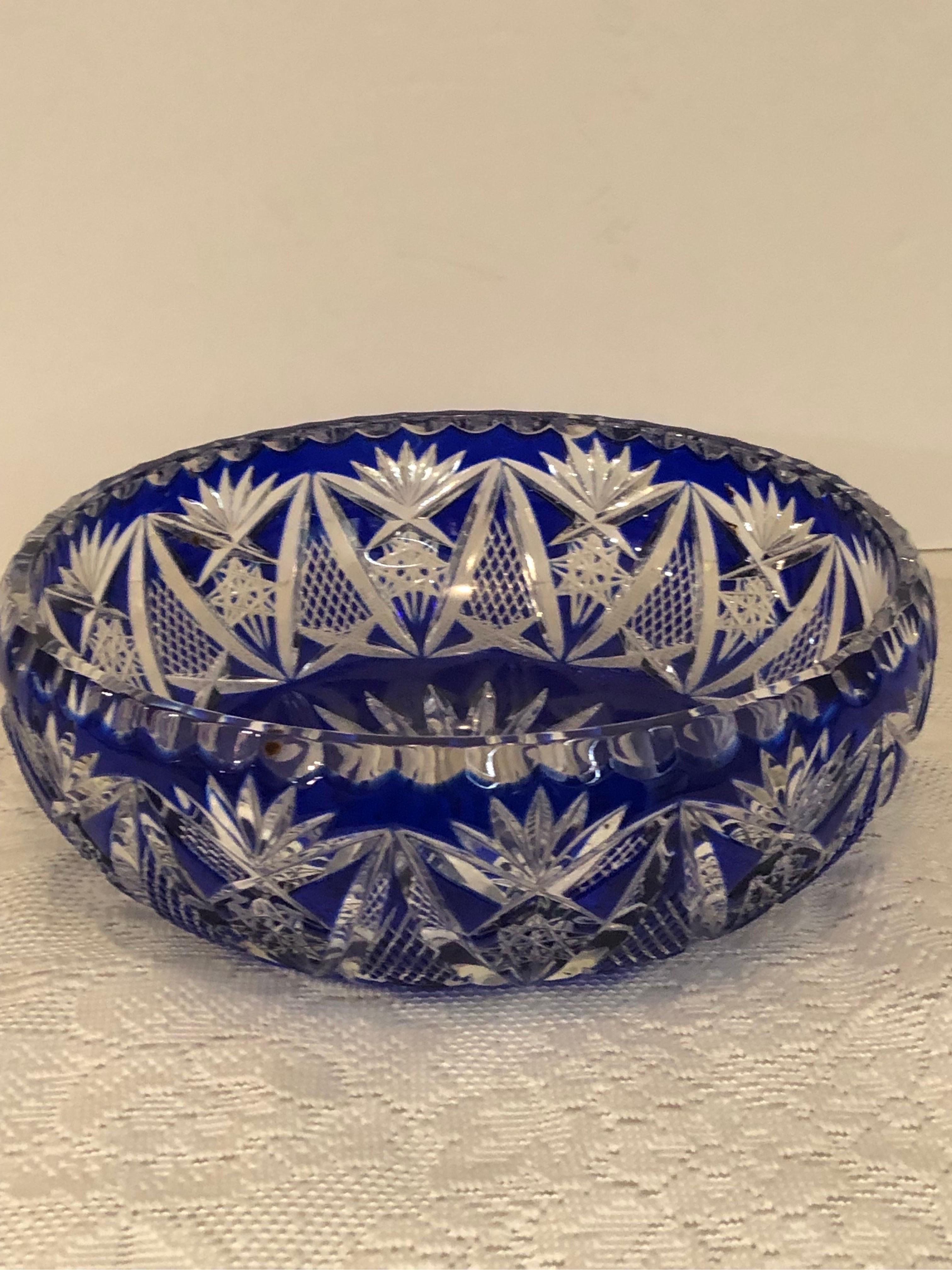 Rococo Cobalt Bohemian Czechoslovakian Crystal Bowl with a Deep Intricate Cut Pattern