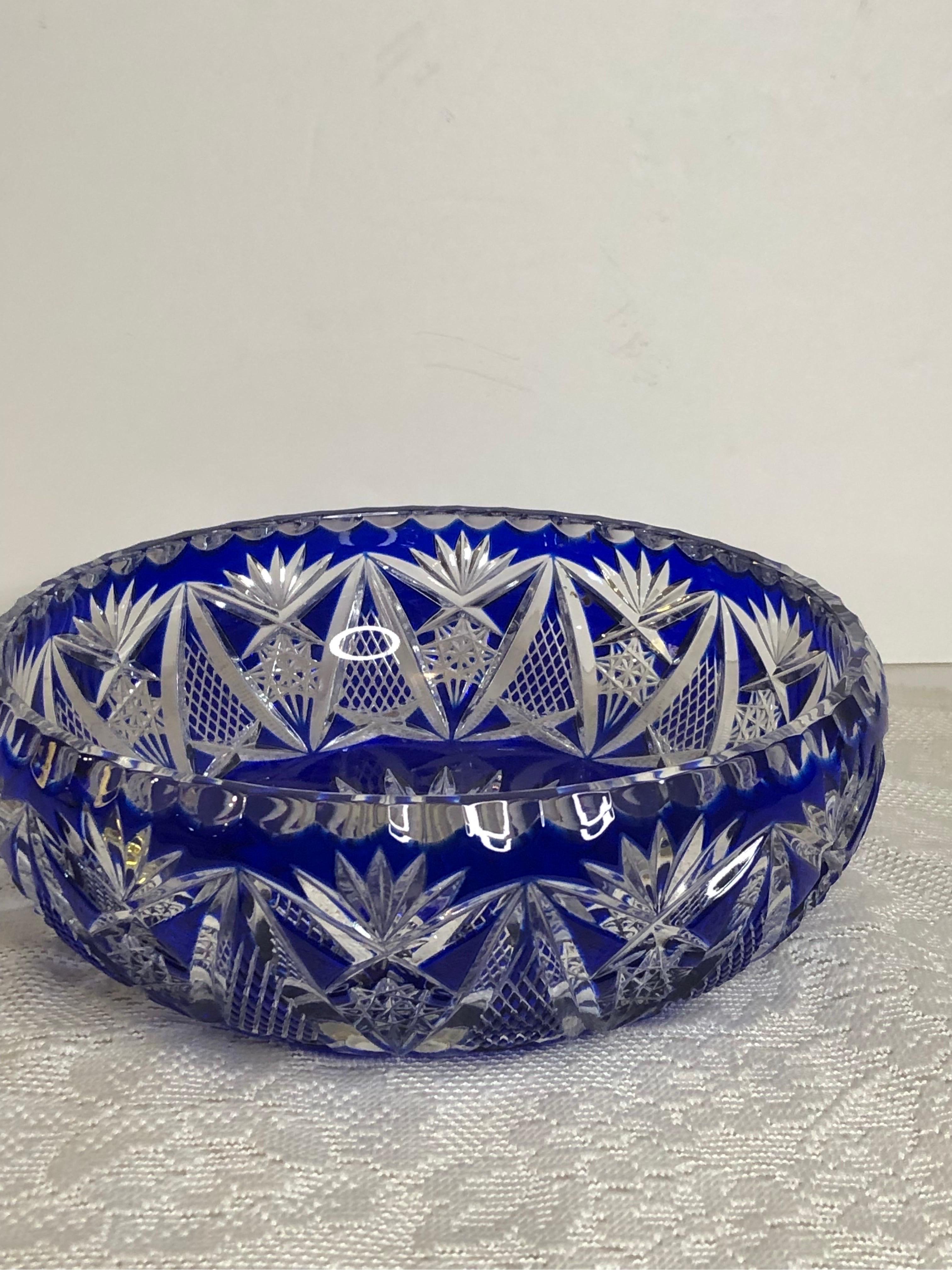 Other Cobalt Bohemian Czechoslovakian Crystal Bowl with a Deep Intricate Cut Pattern