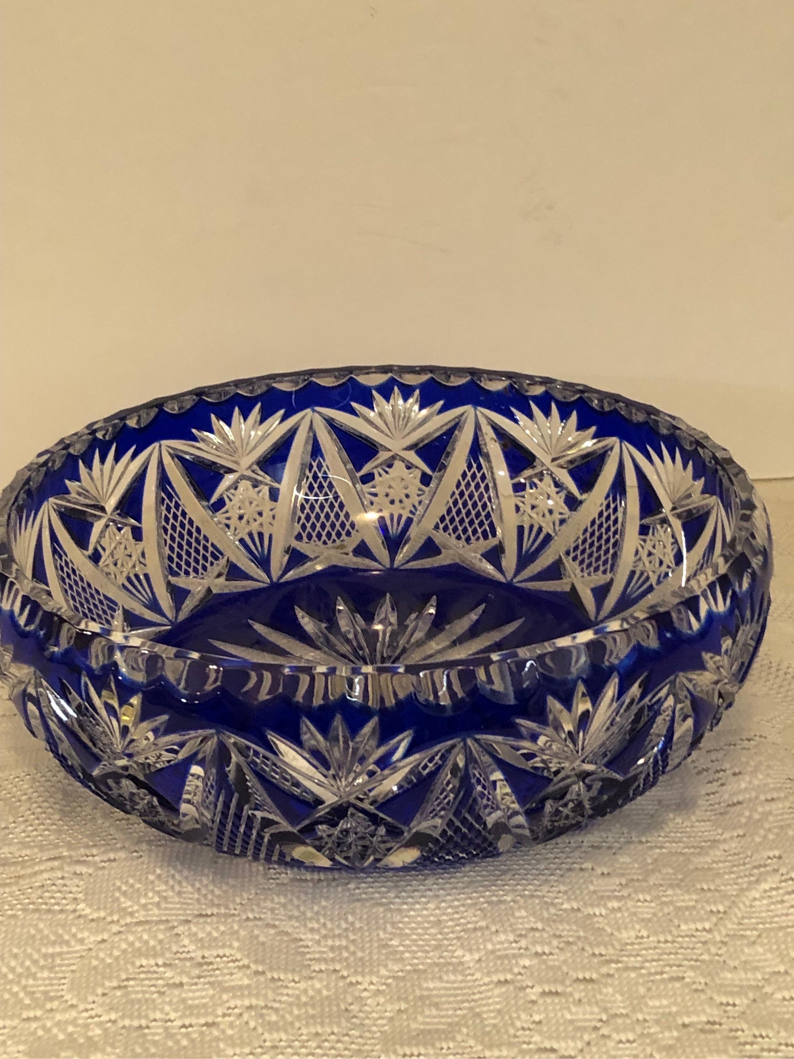 Cobalt Bohemian Czechoslovakian Crystal Bowl with a Deep Intricate Cut Pattern In Good Condition In Boston, MA