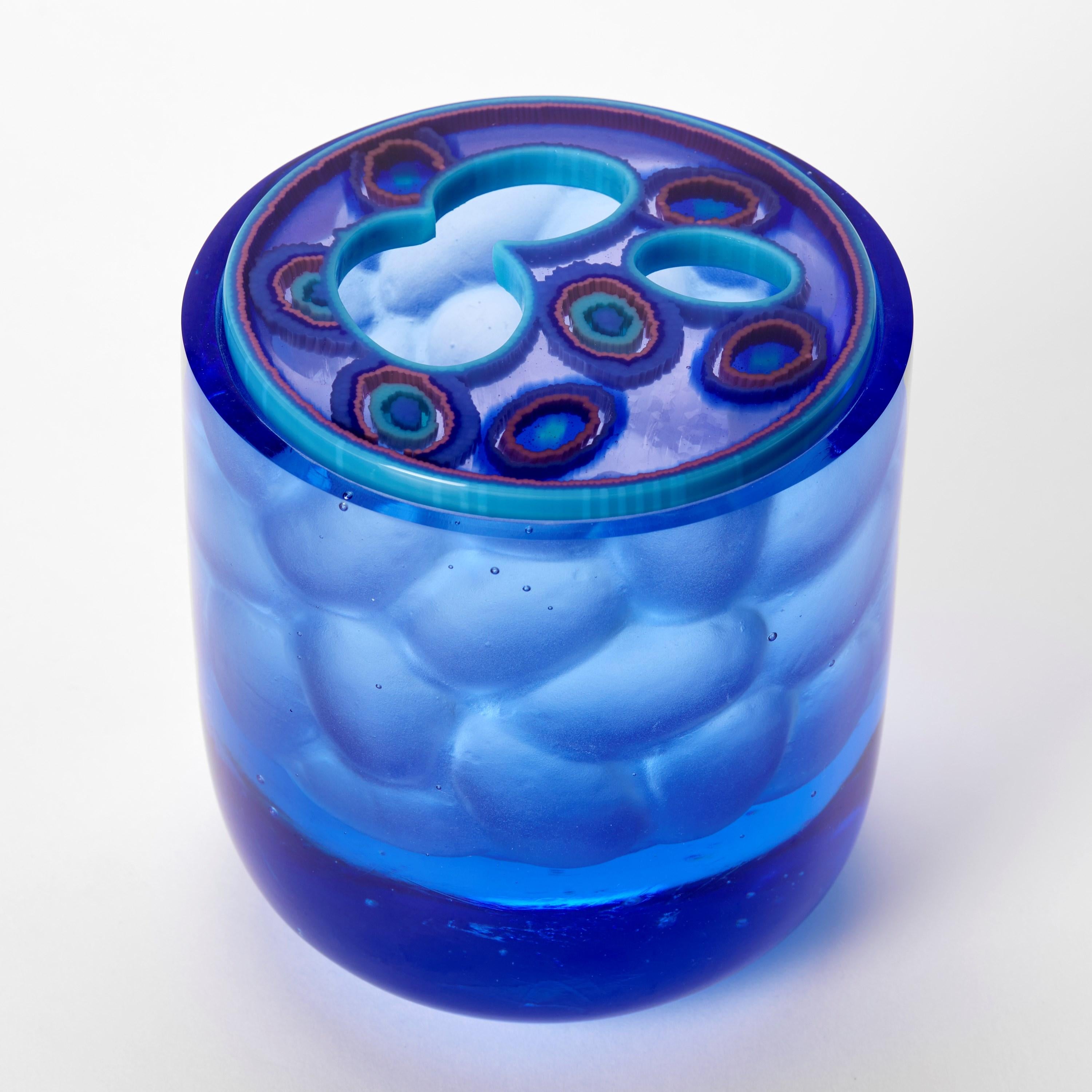 Organic Modern Cobalt Cambium Jar, a blue cast glass box with a patterned lid by Angela Jarman For Sale