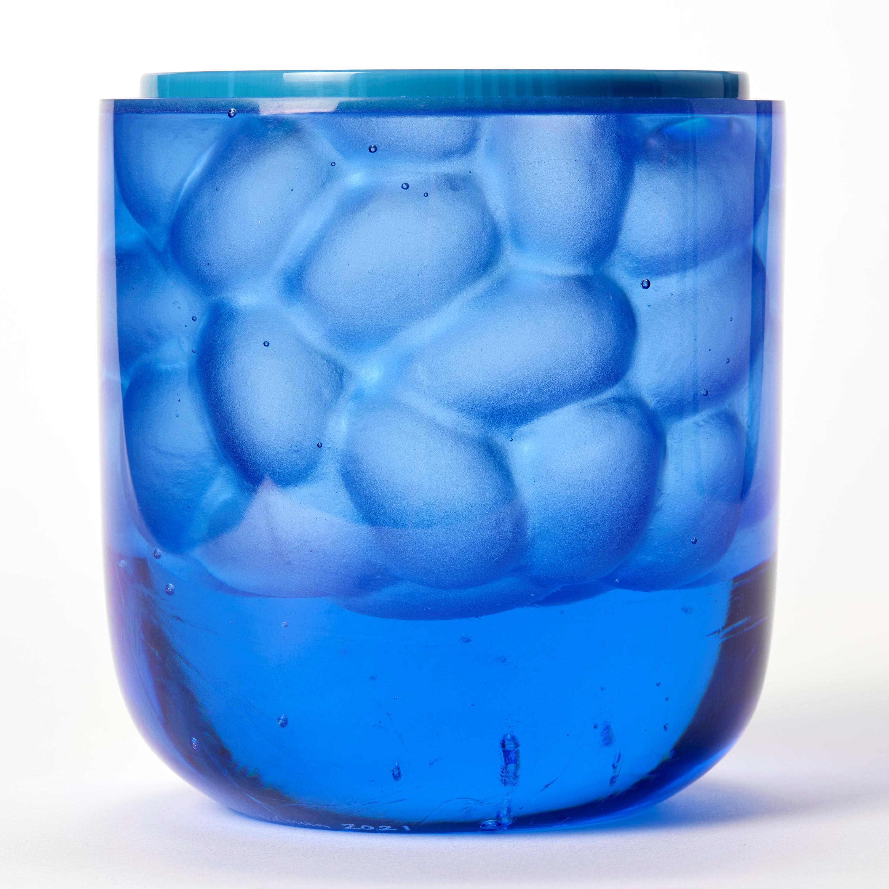 British Cobalt Cambium Jar, a blue cast glass box with a patterned lid by Angela Jarman For Sale