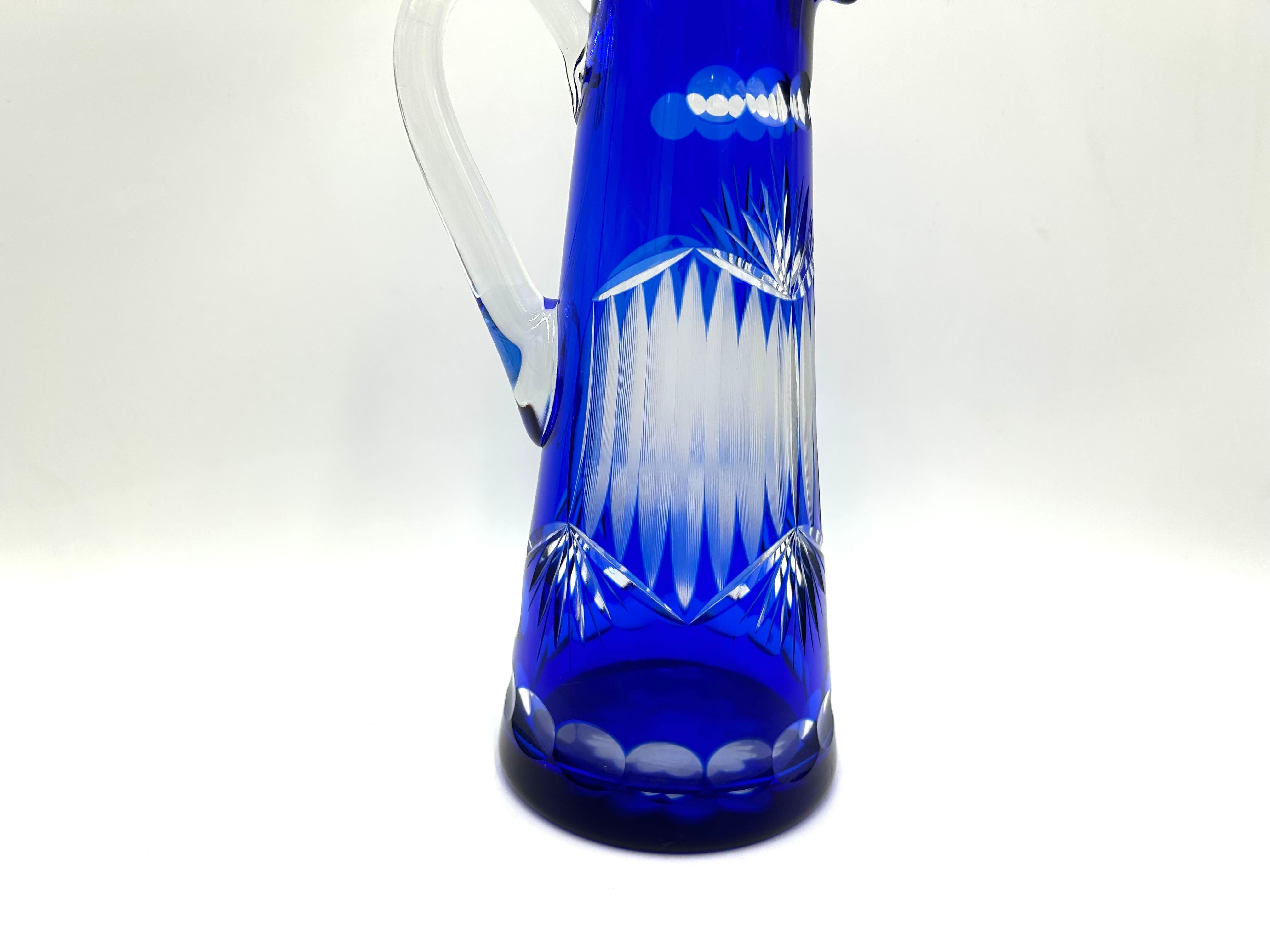 Cobalt Crystal Jug, Poland, 1960s In Good Condition For Sale In Chorzów, PL