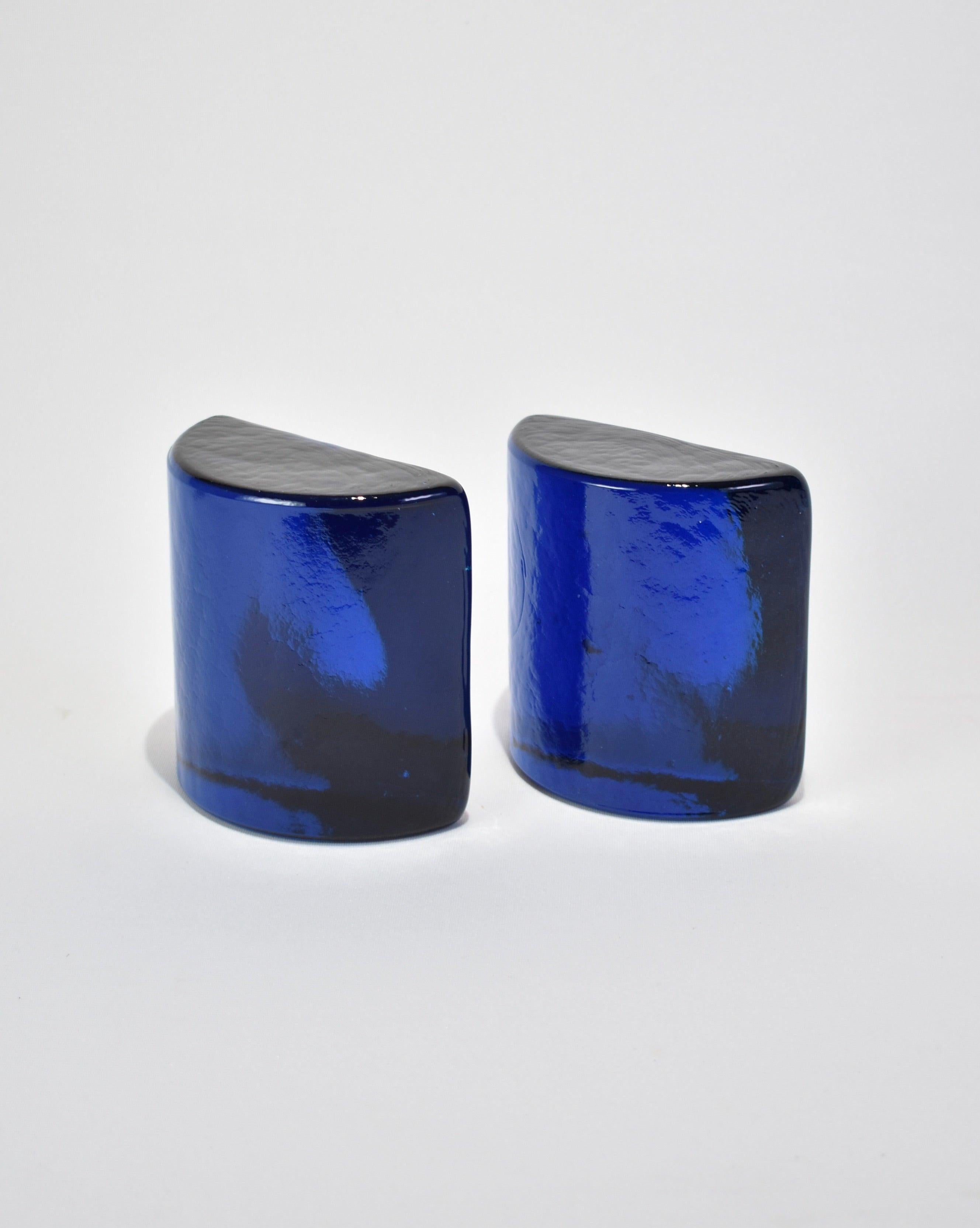Vintage glass half-moon bookends in beautiful cobalt blue color. Set of two by Blenko Glass Company.