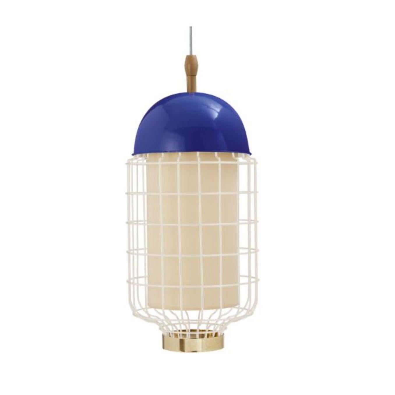 Cobalt Magnolia II suspension lamp with brass ring by Dooq.
Dimensions: W 27 x D 27 x H 59 cm.
Materials: lacquered metal, polished or brushed metal, brass.
abat-jour: cotton
Also available in different colours and materials.