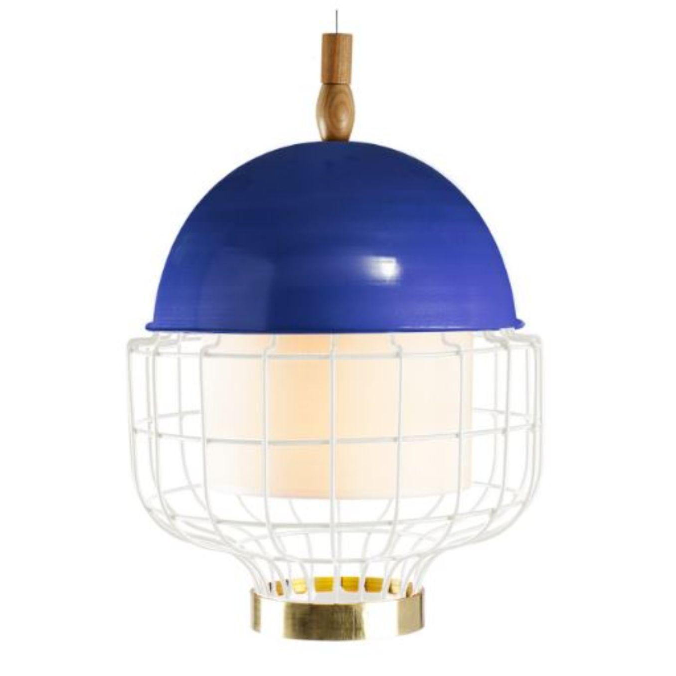Cobalt Magnolia III suspension lamp with brass ring by Dooq.
Dimensions: W 31 x D 31 x H 42 cm.
Materials: lacquered metal, polished or brushed metal, brass.
abat-jour: cotton
Also available in different colours and