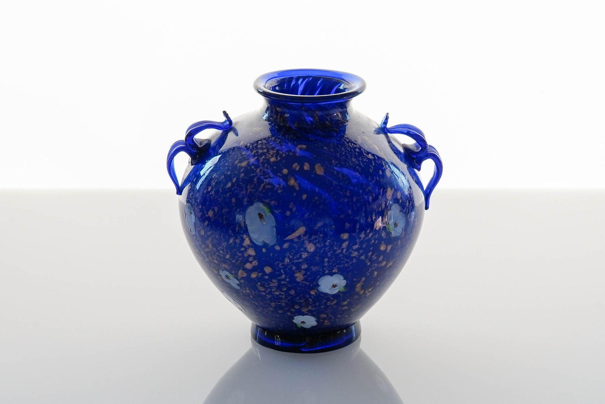 Cobalt Murano Glass Vase, Murrine and Avventurina. Lapis Lazuli. Fratelli Toso For Sale 11