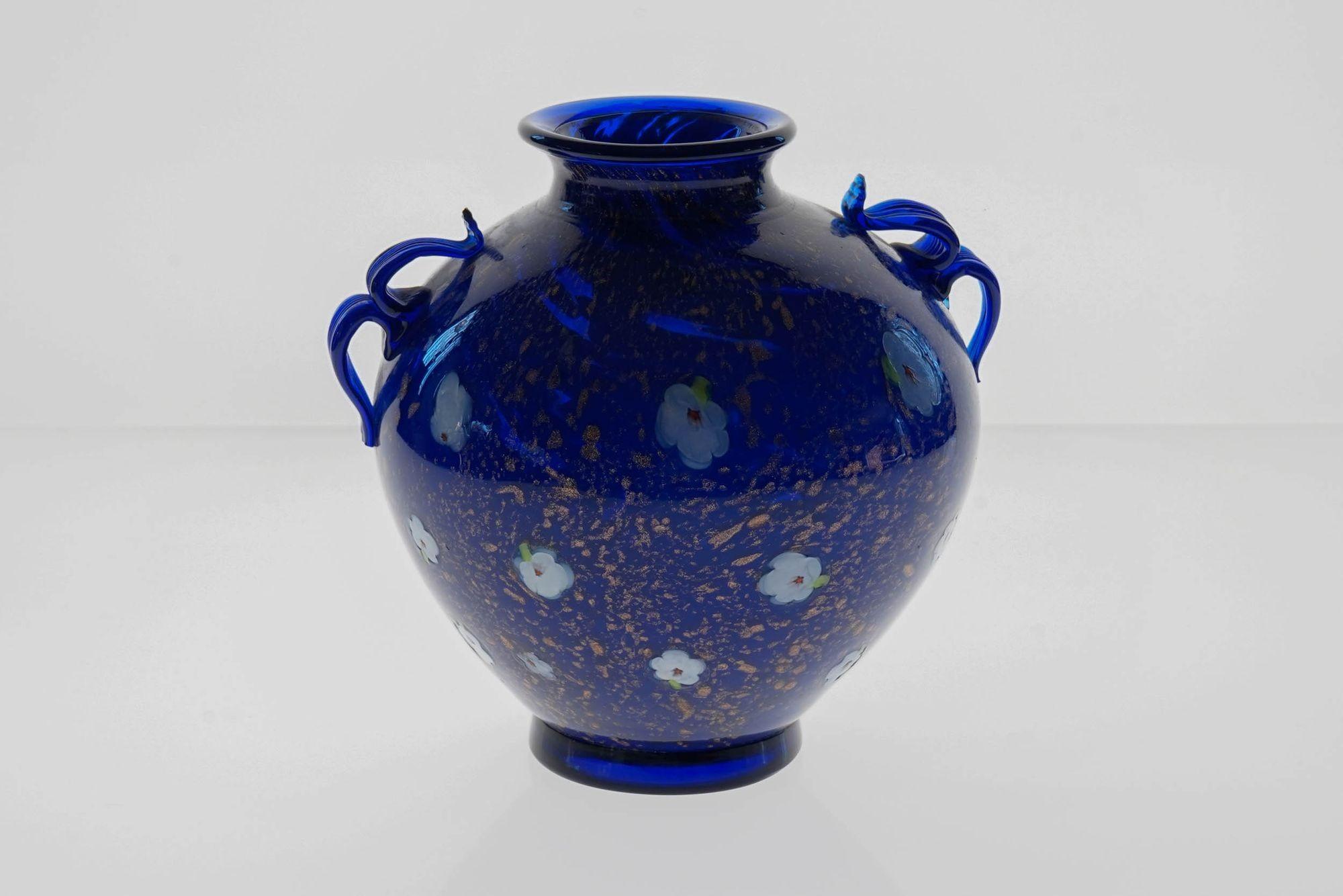 Mid-Century Modern Cobalt Murano Glass Vase, Murrine and Avventurina. Lapis Lazuli. Fratelli Toso For Sale