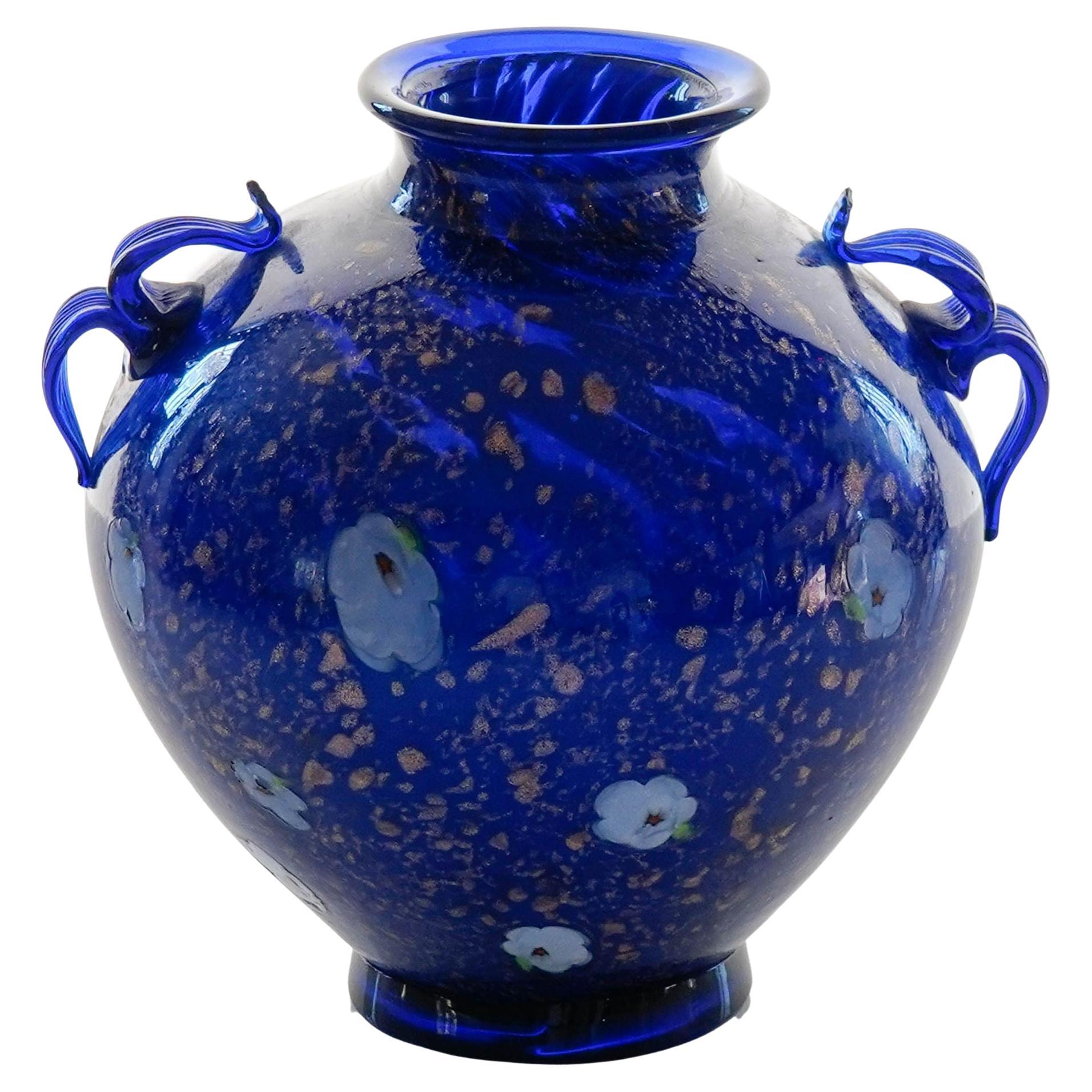 Cobalt Murano Glass Vase, Murrine and Avventurina. Lapis Lazuli. Fratelli Toso For Sale