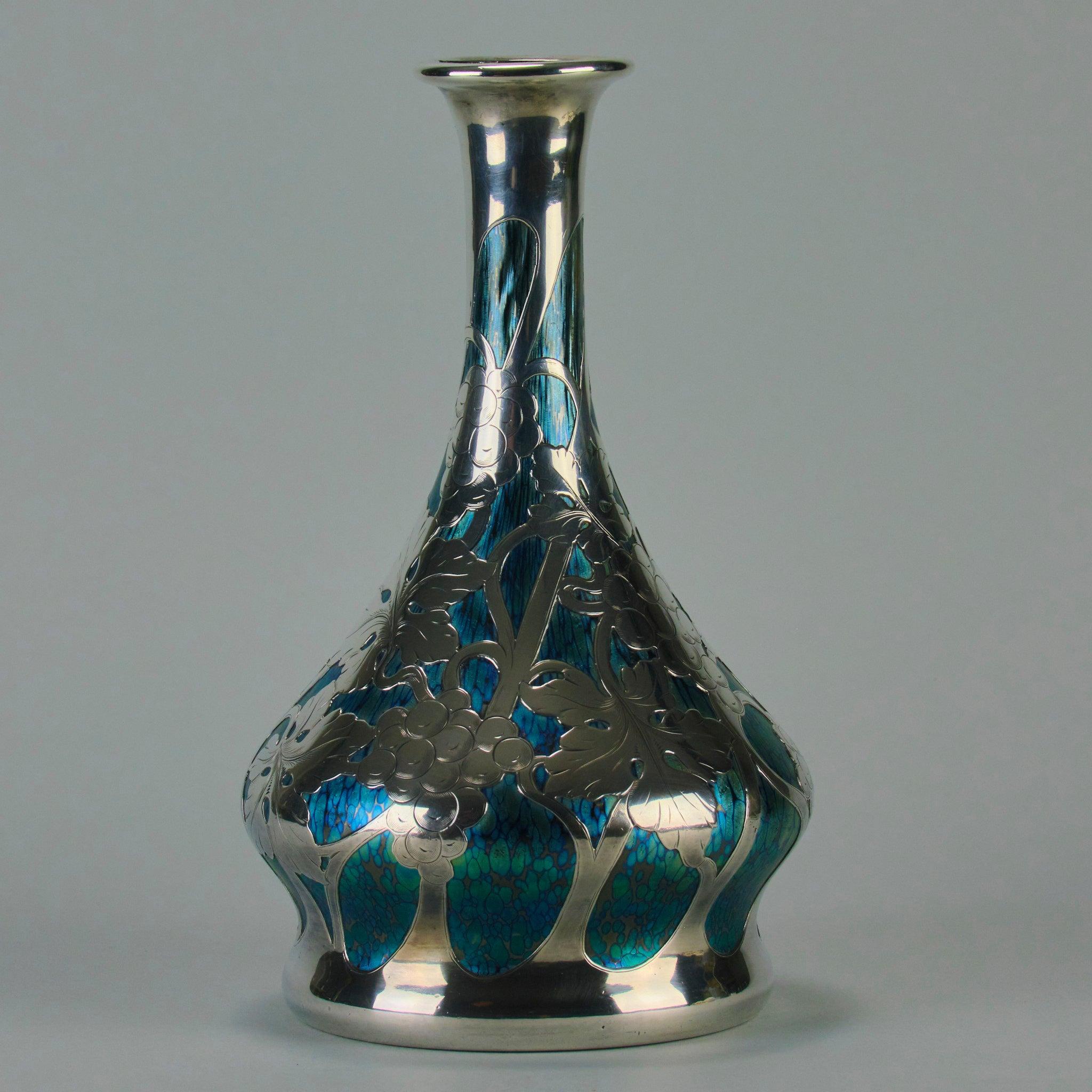 Silver “Cobalt Papillon Vase” Art Nouveau Glass Vase by the Loetz Glassworks