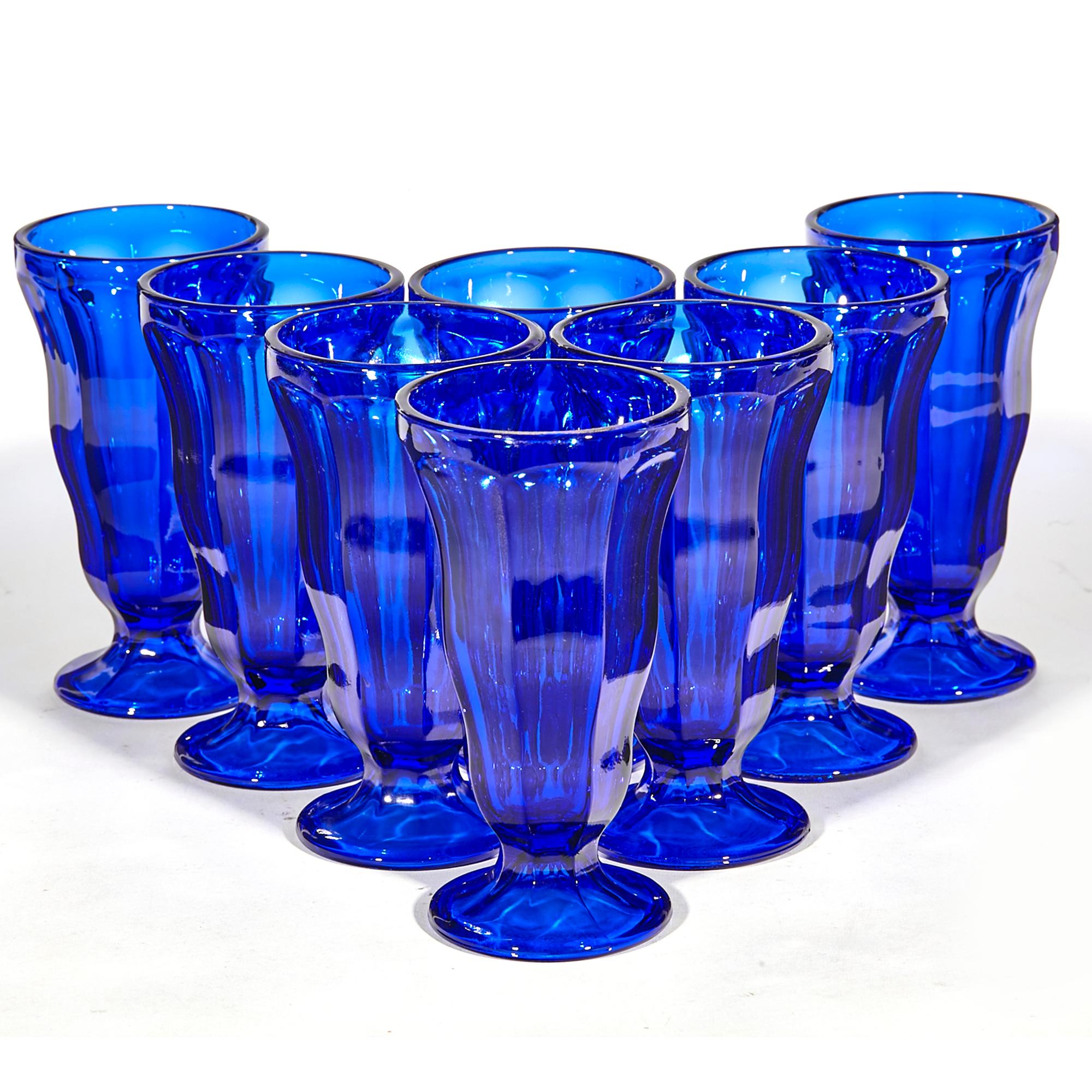 Vintage 1970s set of 8 cobalt tall parfait stems. No maker's mark.