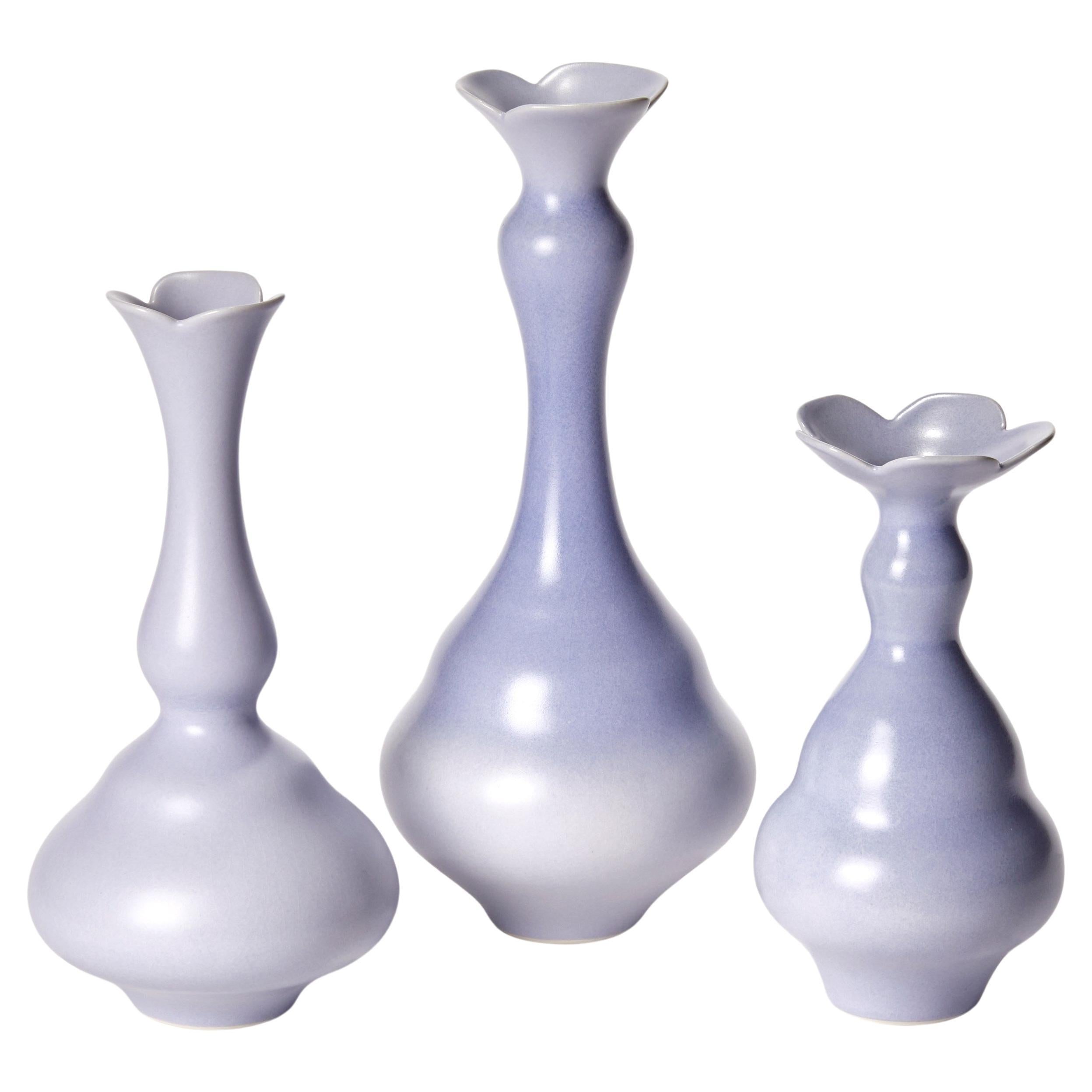 Cobalt Trio, still life of three soft purple porcelain vases by Vivienne Foley For Sale