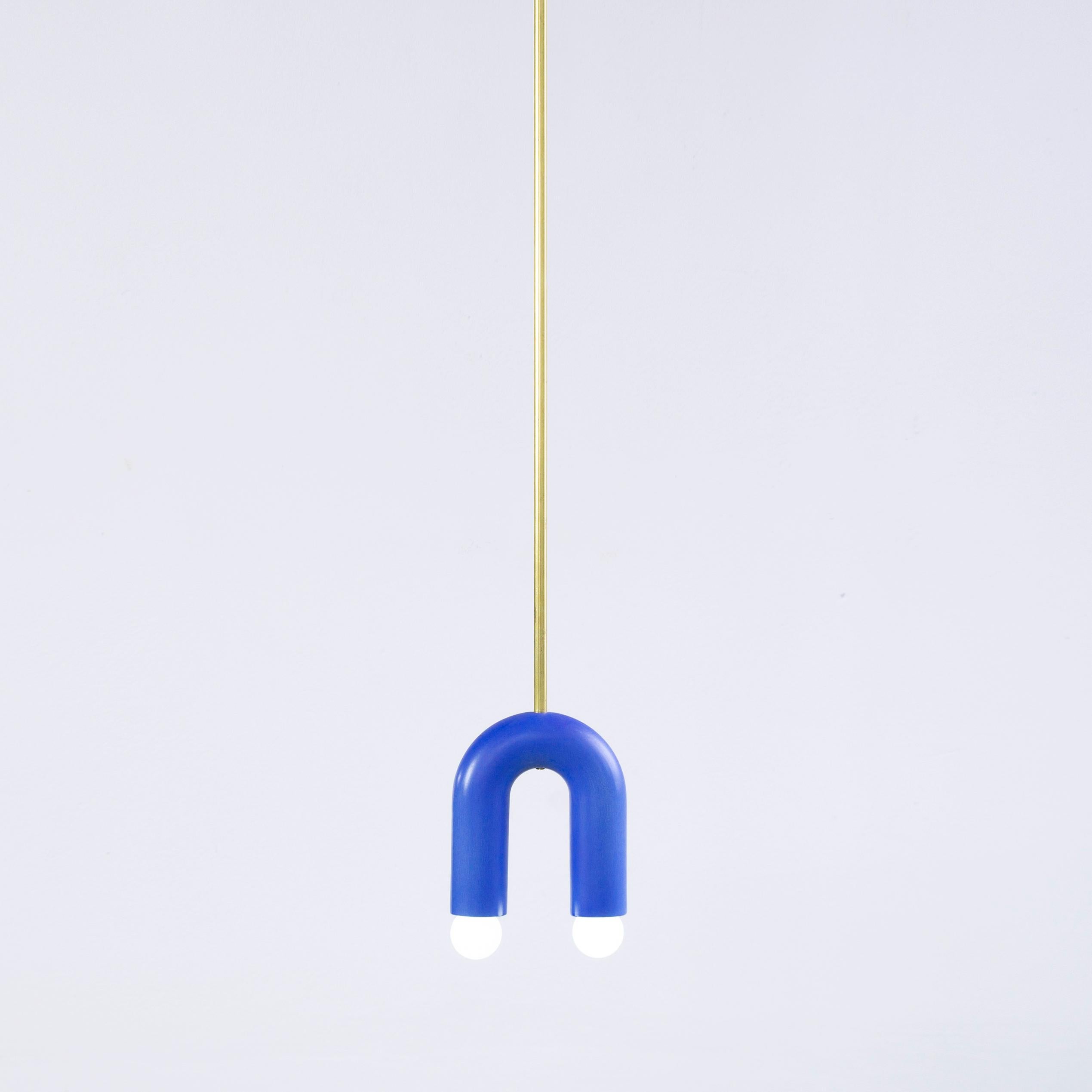 Cobalt TRN A1 pendant lamp by Pani Jurek.
Dimensions: D 5 x W 15 x H 18 cm.
Material: ceramic and brass.
Available in other colors.
Lamps from the TRN collection hang on a metal tube, not on a cable. This allows the lamp to be mounted in a specific