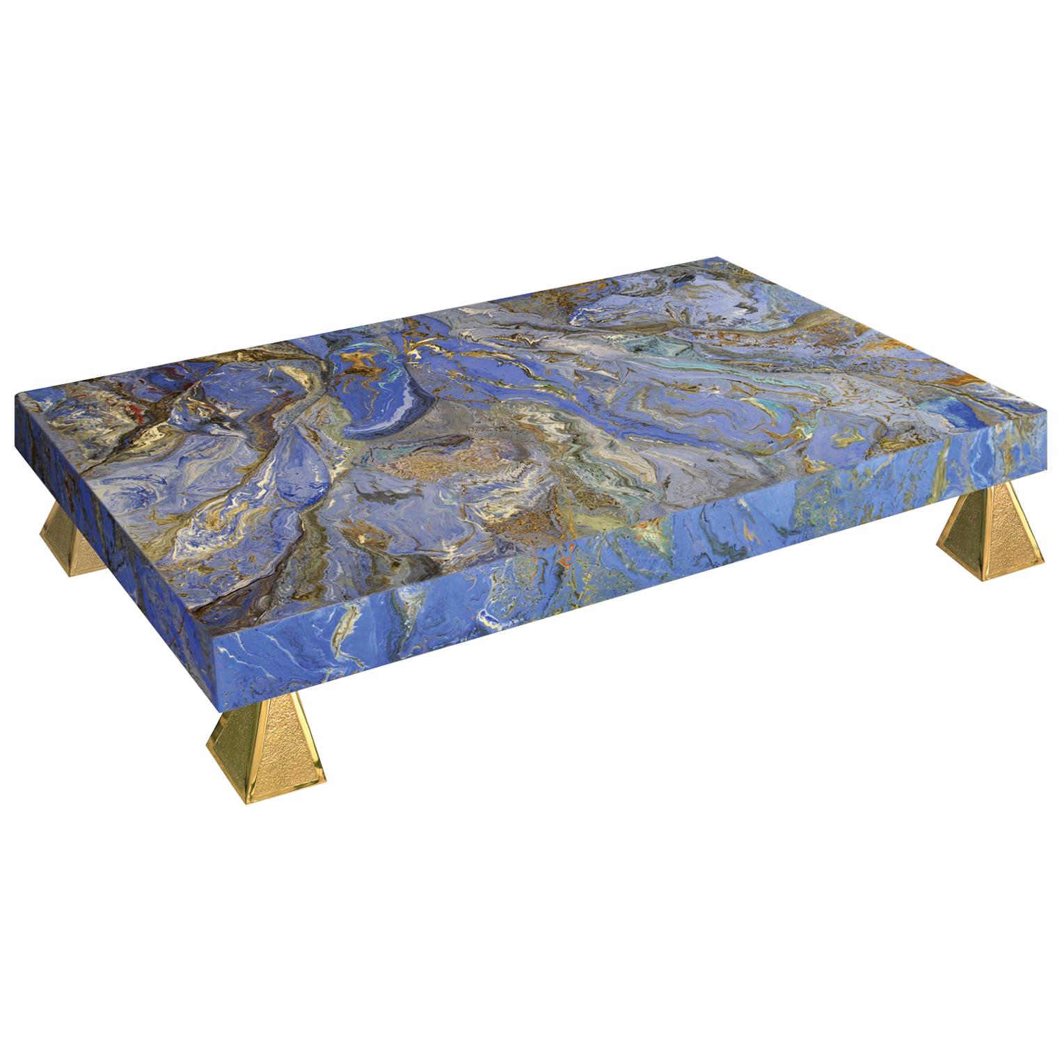 Modern Blue Coffee Table handmade marbled Scagliola decoration Casted Brass Feet