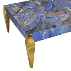 Coffee Table Blue marbled Top and gold leaf  wooden feet Handmade in Italy