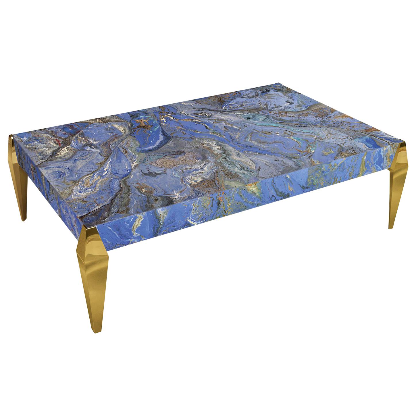 Modern Blue Coffee Table  Marbled Decoration gold leaf wooden Feet made in Italy