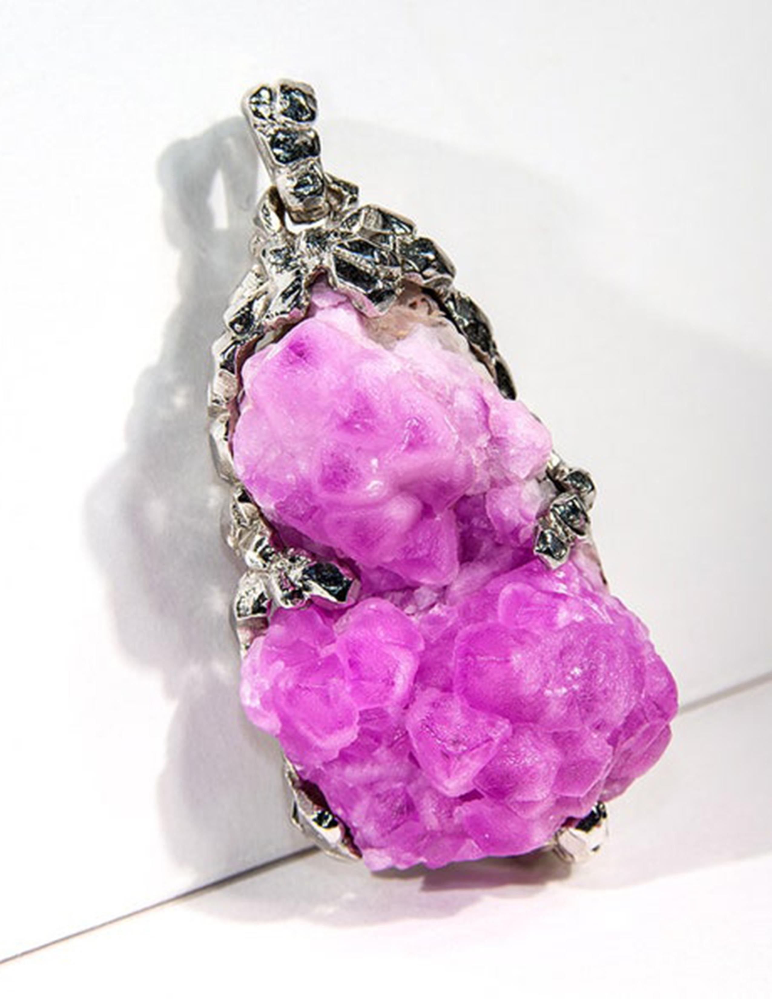 Pear Cut Cobaltocalcite Silver Pendant Bright Pink Rare Raw Crystal Gemstone  For Sale