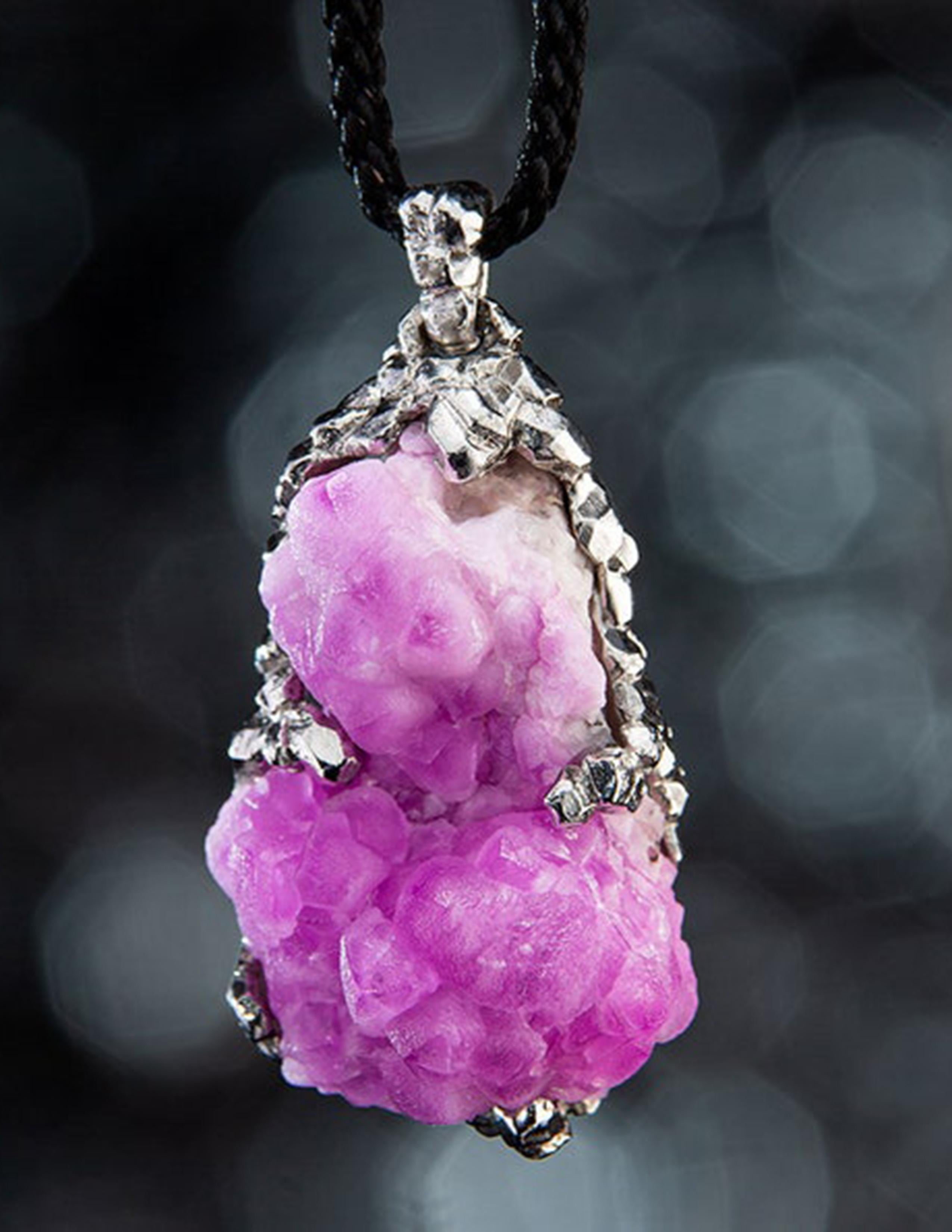 Women's or Men's Cobaltocalcite Silver Pendant Bright Pink Rare Raw Crystal Gemstone  For Sale