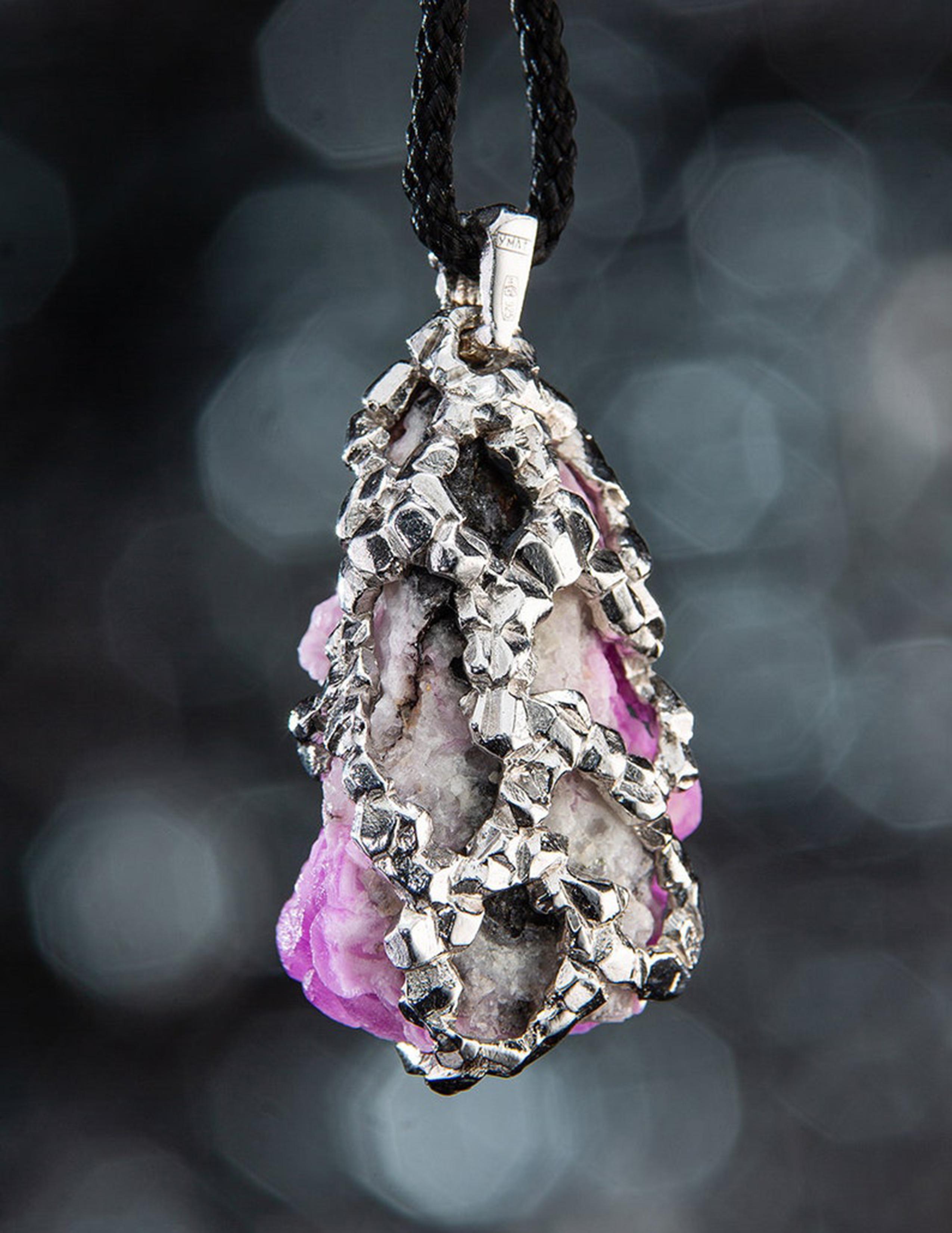 Cobaltocalcite Silver Pendant Bright Pink Rare Raw Crystal Gemstone  For Sale 2