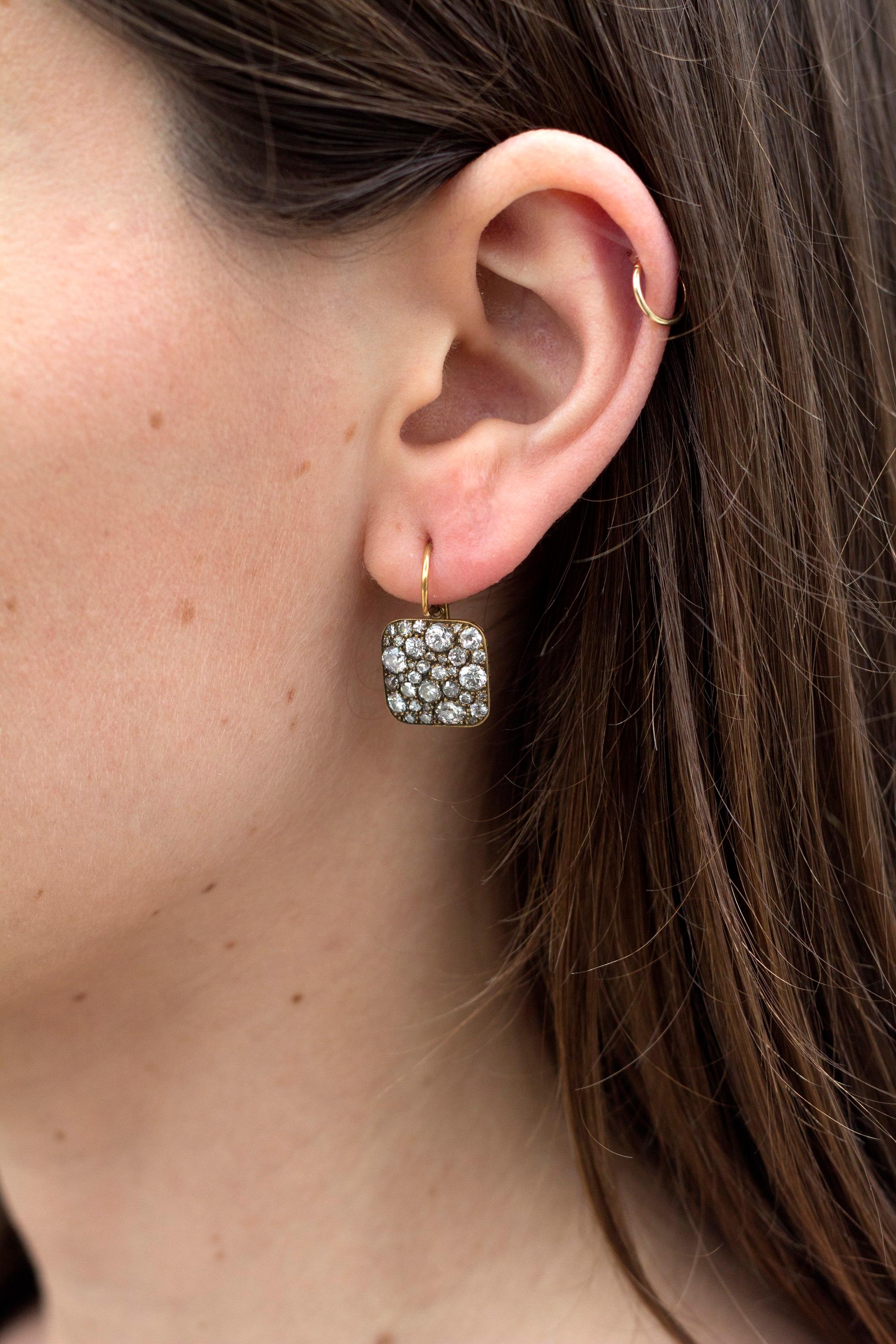Handcrafted Large Mixed Cut Diamond Cobblestone Drop Earrings by Single Stone In New Condition For Sale In Los Angeles, CA