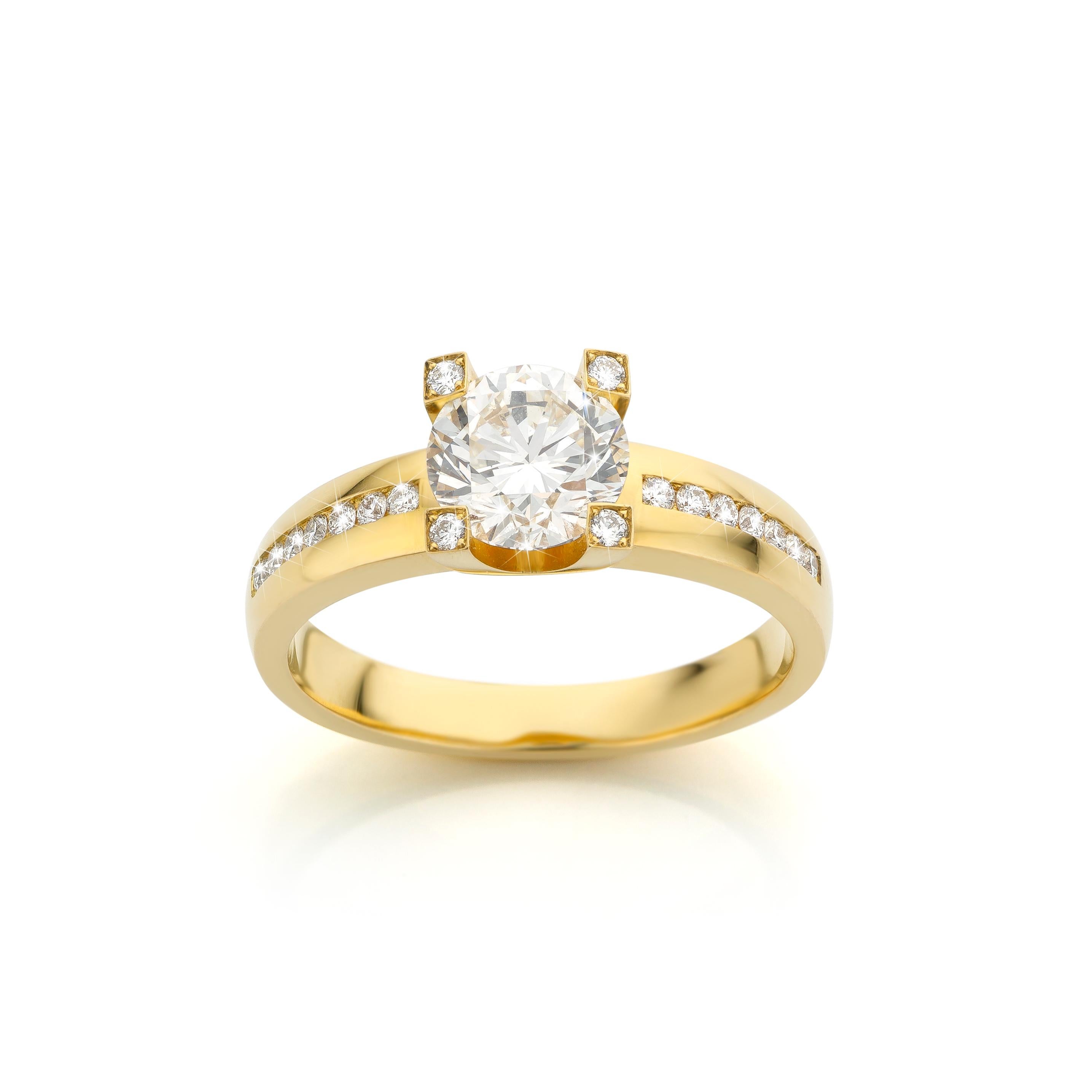 Contemporary Cober “Big Solitair” 1.27 Carat Yellow Diamond & 18 Diamonds Yellow Gold Ring  For Sale