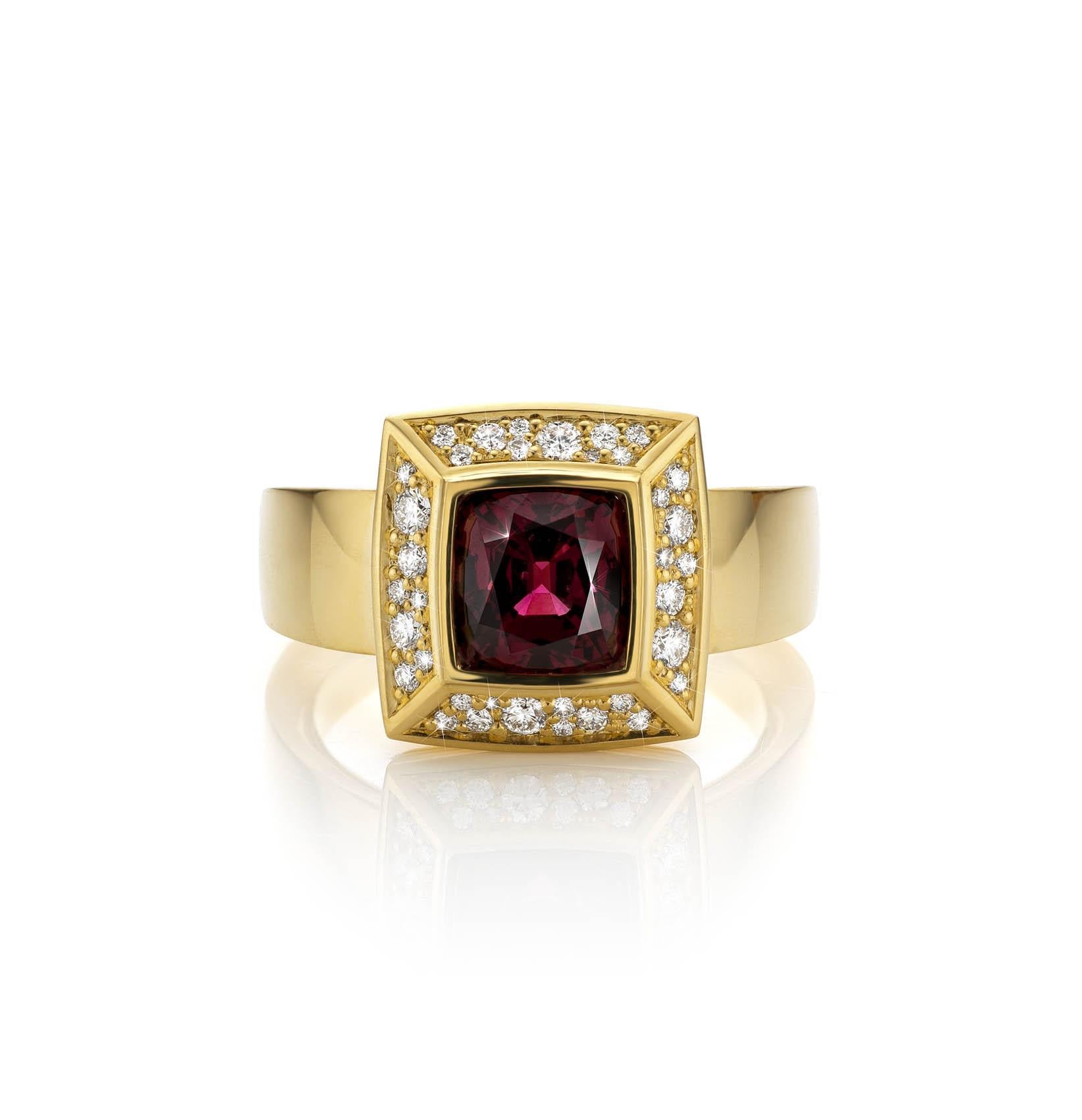 Contemporary Cober “Balas Cushion” 2.37 Carat Deep Red Spinel & 0.36 Ct Diamonds Ring   For Sale