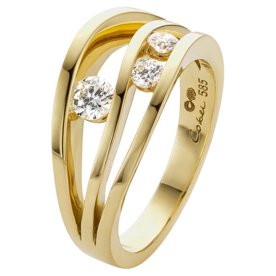 Cober "Double Wave" 0.37 Carat total 3 Brilliant-cut Diamonds Yellow Gold Ring  For Sale