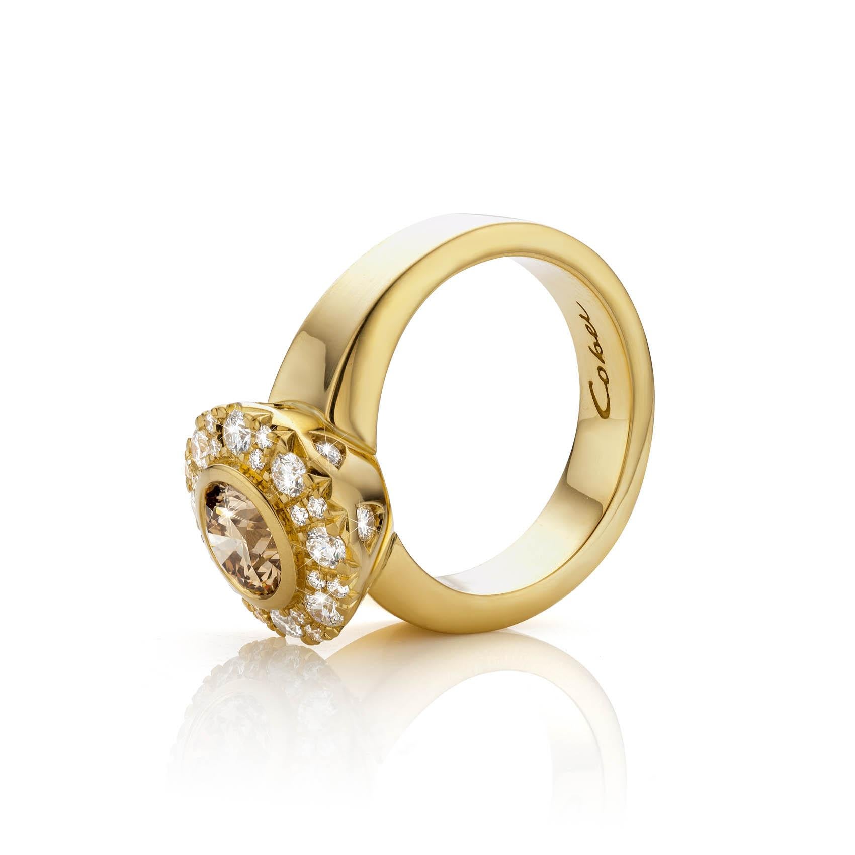 Contemporary Cober “Engraved Cluster” with a 1.31 ct Cognac Diamond and 30 Diamonds Ring For Sale