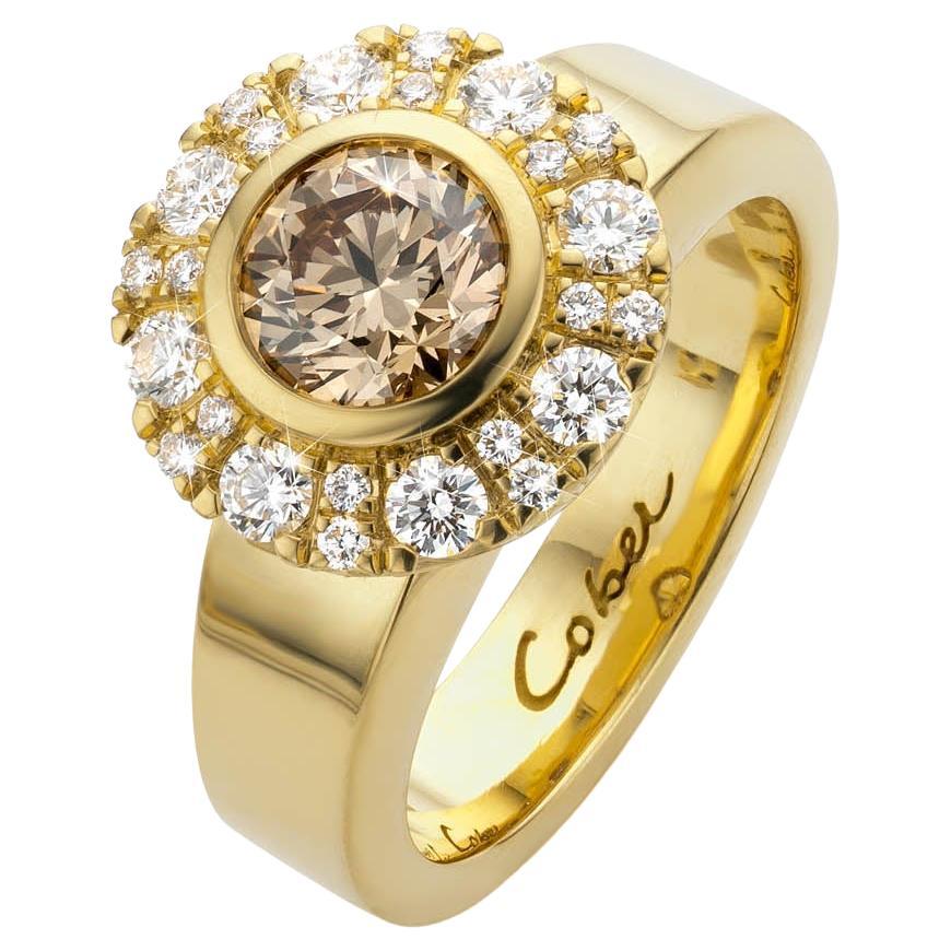 Cober “Engraved Cluster” with a 1.31 ct Cognac Diamond and 30 Diamonds Ring For Sale