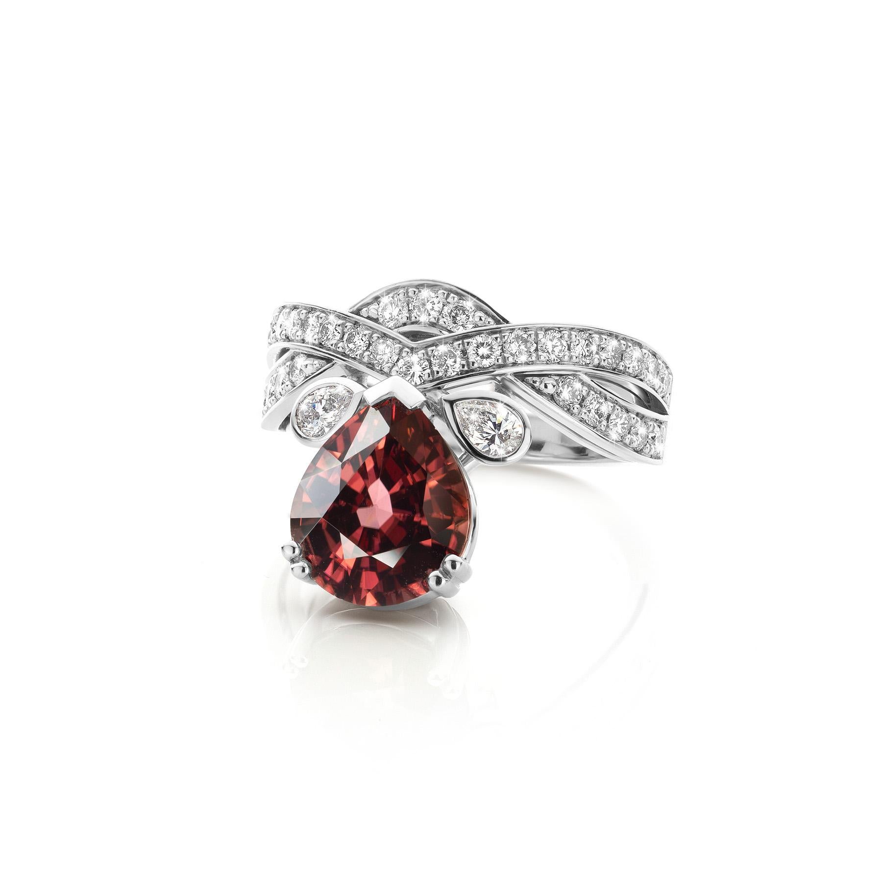 Contemporary Cober “Fancy Zirkon” Pear-cut Zircon (VS) 2 small Diamonds and 33 Diamonds Ring For Sale