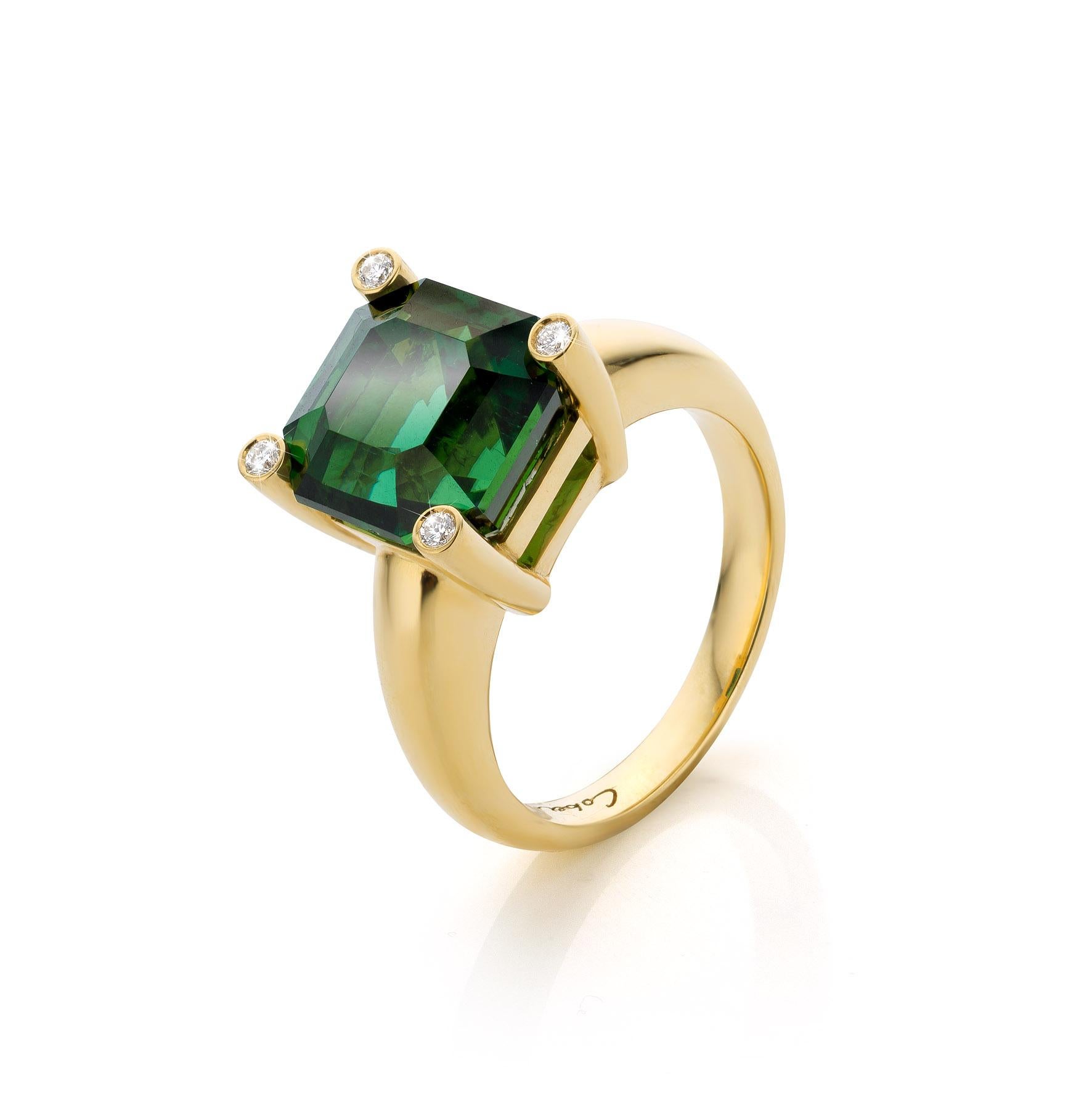 Contemporary Cober “Green Assher” 9. 5 Carat Tourmaline and 4 x 0.005 Carat Diamonds Ring For Sale