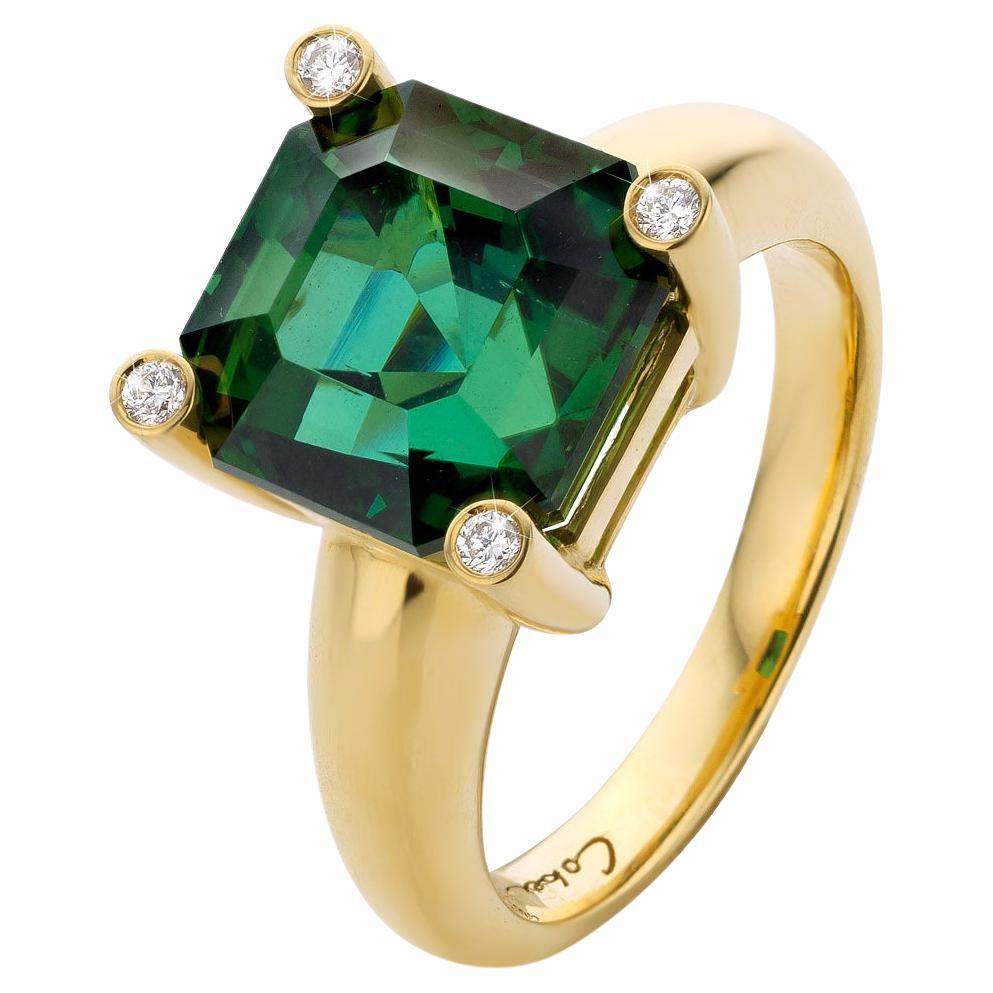 Cober “Green Assher” 9. 5 Carat Tourmaline and 4 x 0.005 Carat Diamonds Ring
