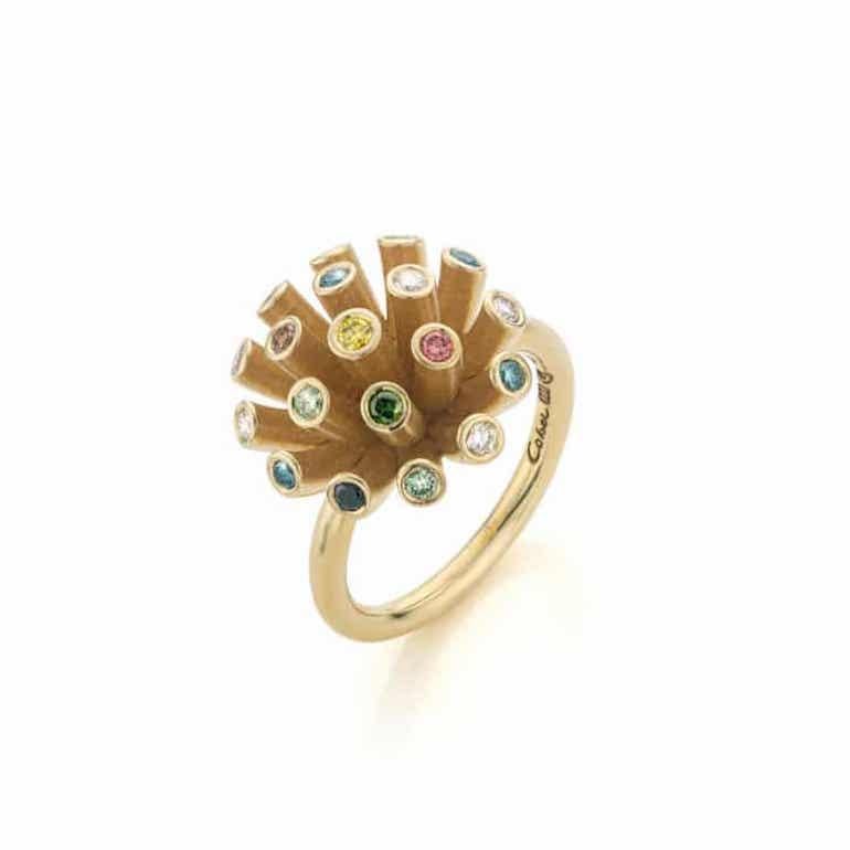 Brilliant Cut Cober handmade 14K Yellow Gold with 19colored Diamonds total weight 0.55 ct Ring For Sale