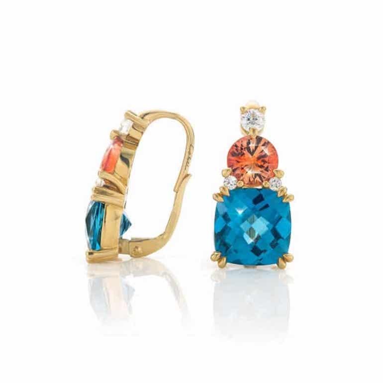 Contemporary Cober handmade 18K yellow gold earrings with 3.6 ct Topaz, Sapphire and Diamonds For Sale