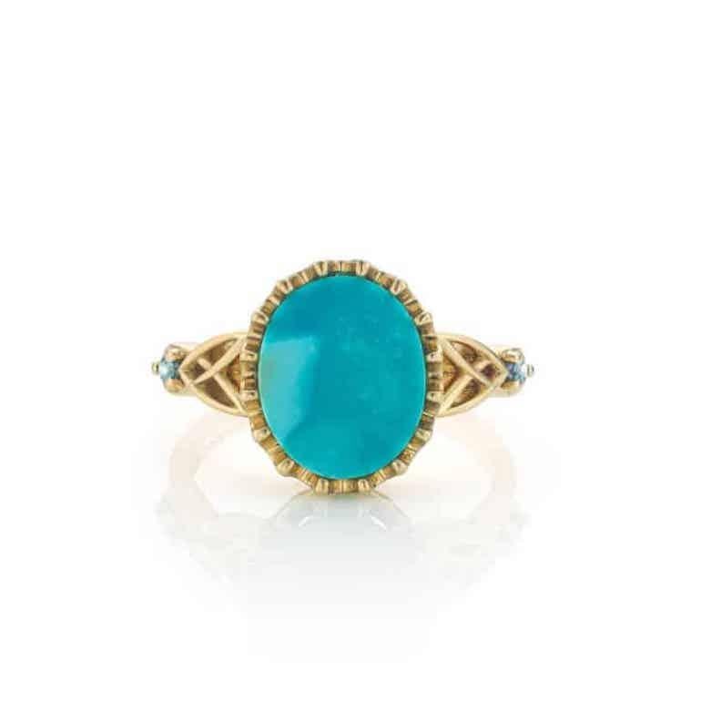 Contemporary Cober handmade with Turquoise and Diamonds of 0.3 ct Yellow Gold Ring Available For Sale